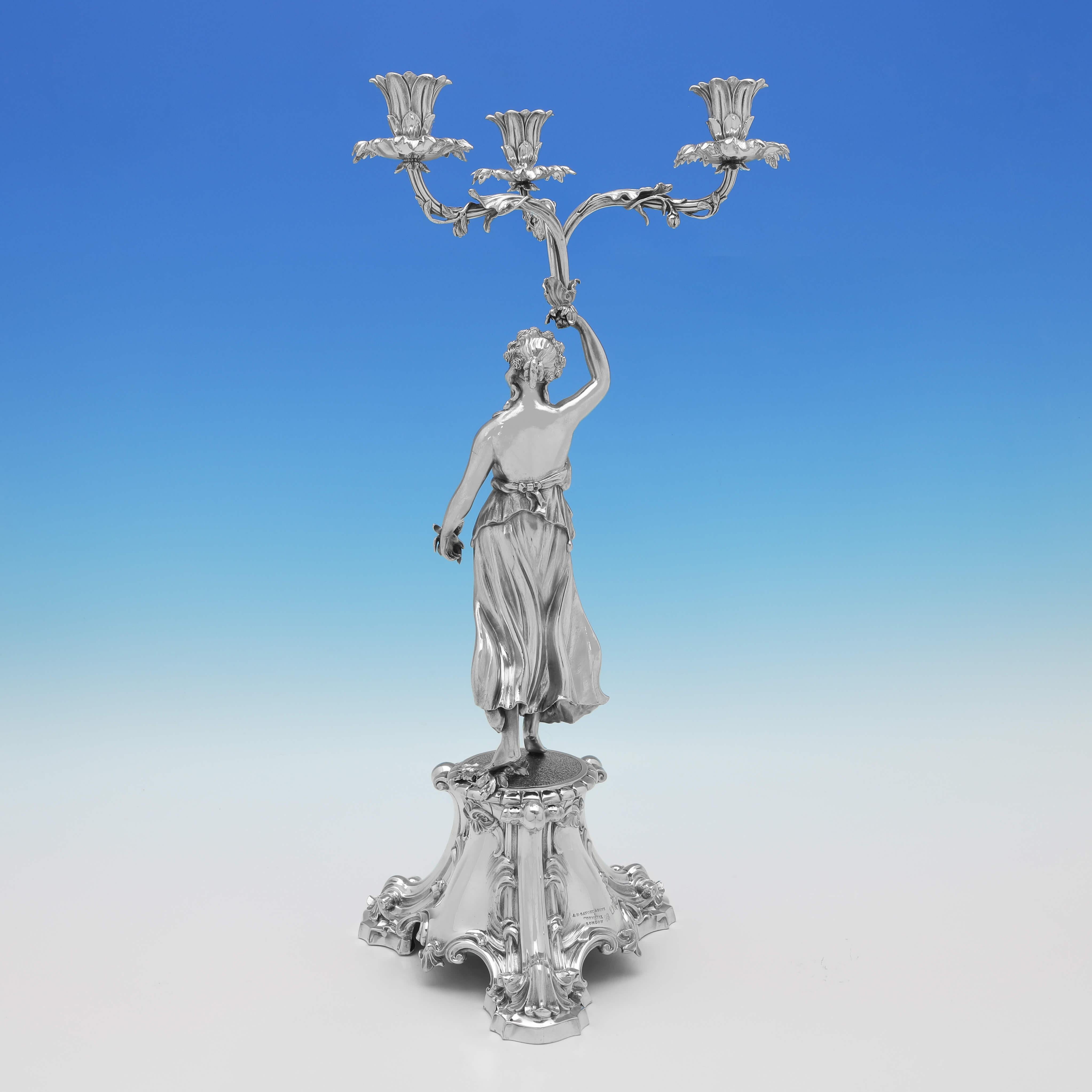 Victorian Figural Antique Sterling Silver Pair of Candelabra, Barnards 1859 In Good Condition For Sale In London, London