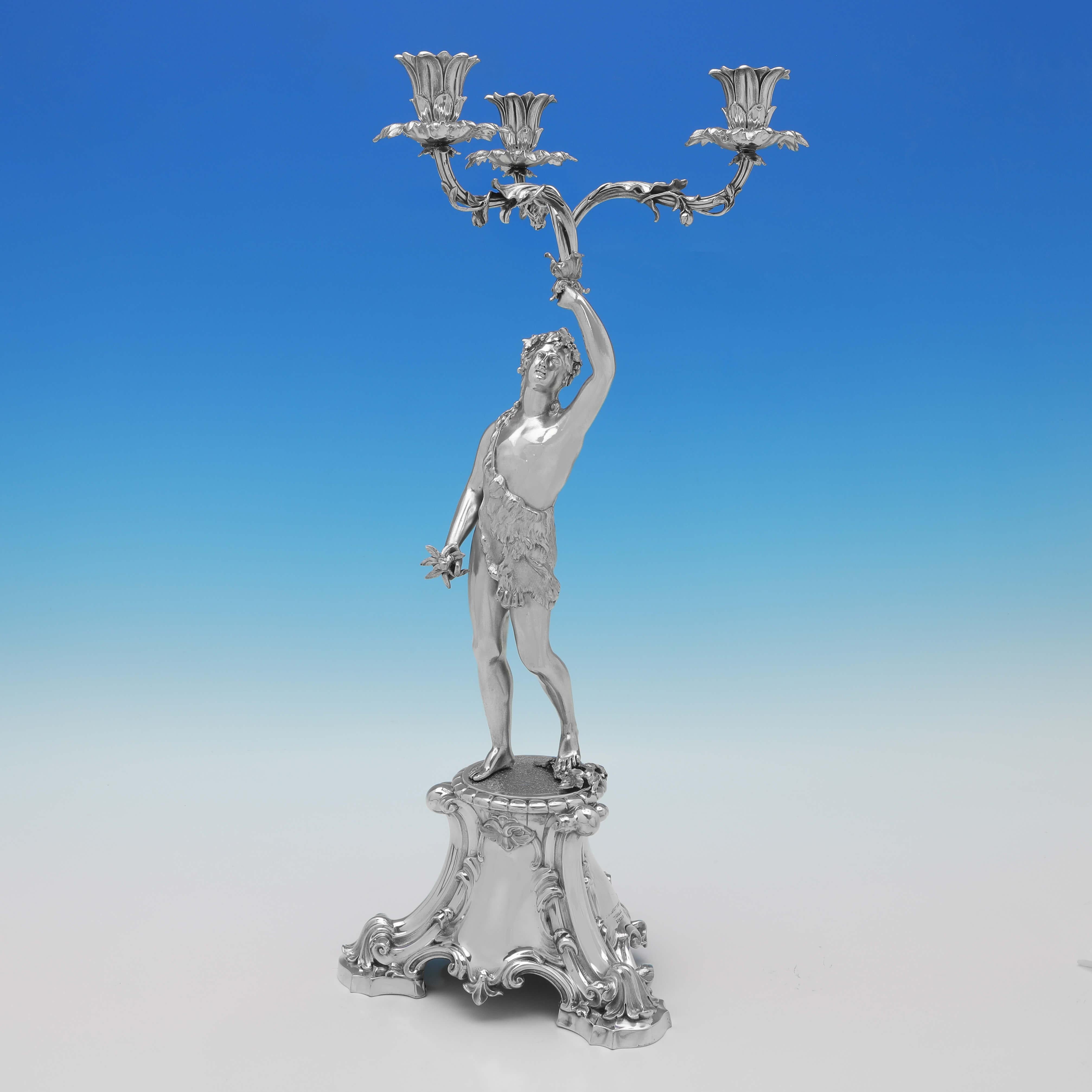 Mid-19th Century Victorian Figural Antique Sterling Silver Pair of Candelabra, Barnards 1859 For Sale