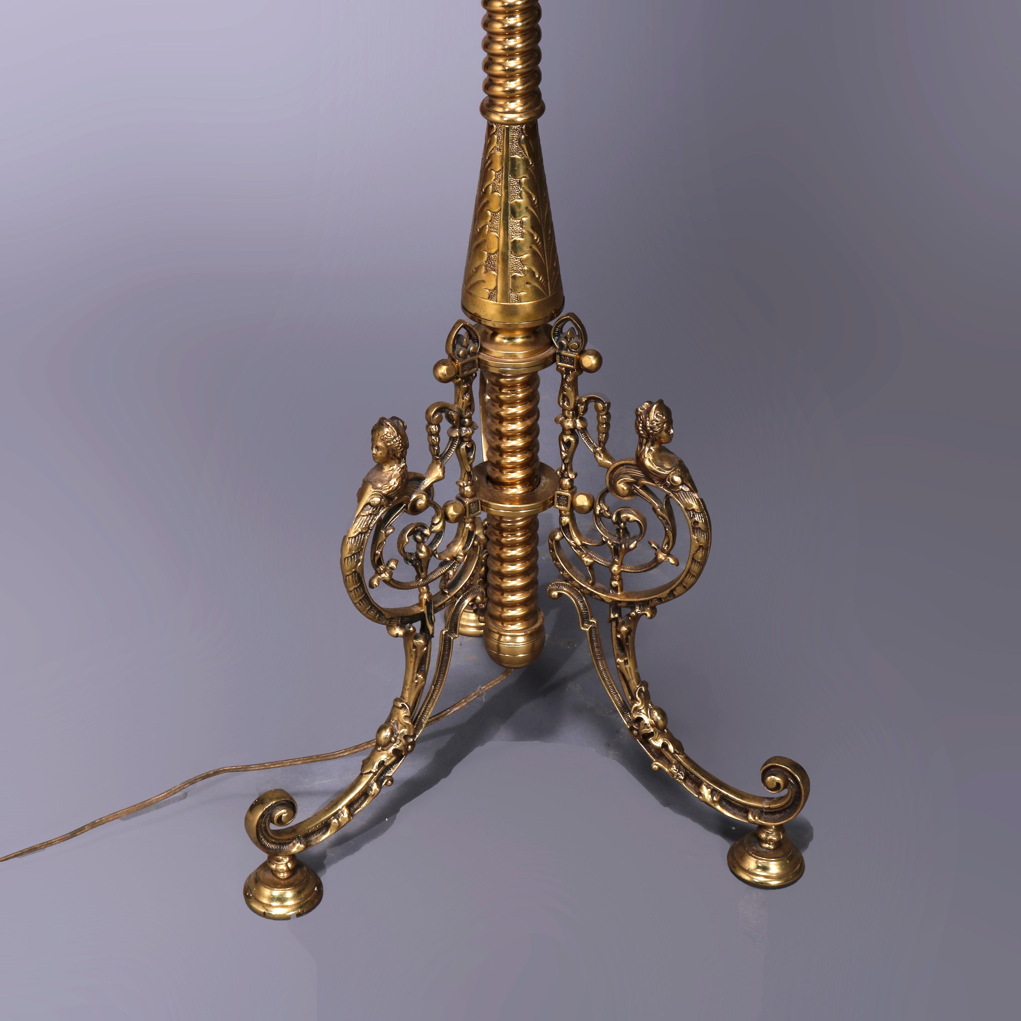 Victorian Figural Brass Piano Floor Lamp Signed B. Hollings & Co. Dated 1888 In Good Condition In Big Flats, NY