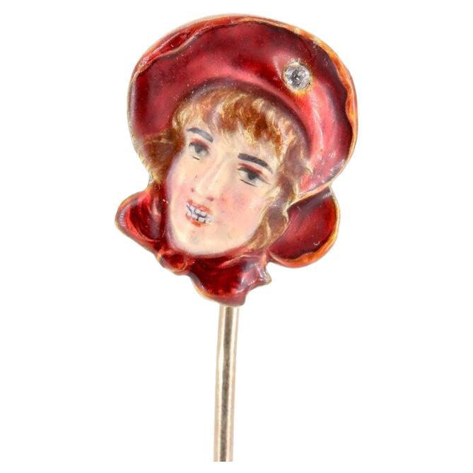 Victorian Figural Girl with Diamond Bonnet Enameled Stick Pin