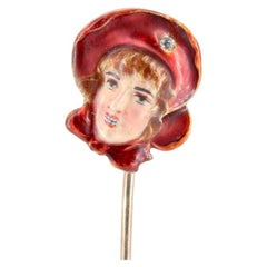Antique Victorian Figural Girl with Diamond Bonnet Enameled Stick Pin