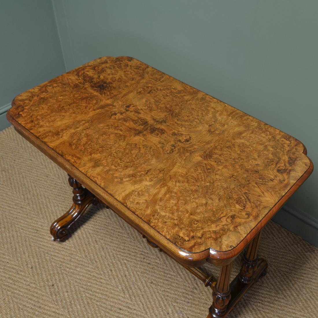 Striking Victorian figured golden burr walnut antique centre / side / writing table.

This striking Victorian figured golden burr walnut antique centre / side / writing table is extremely versatile and dates from circa 1860. It has a beautifully