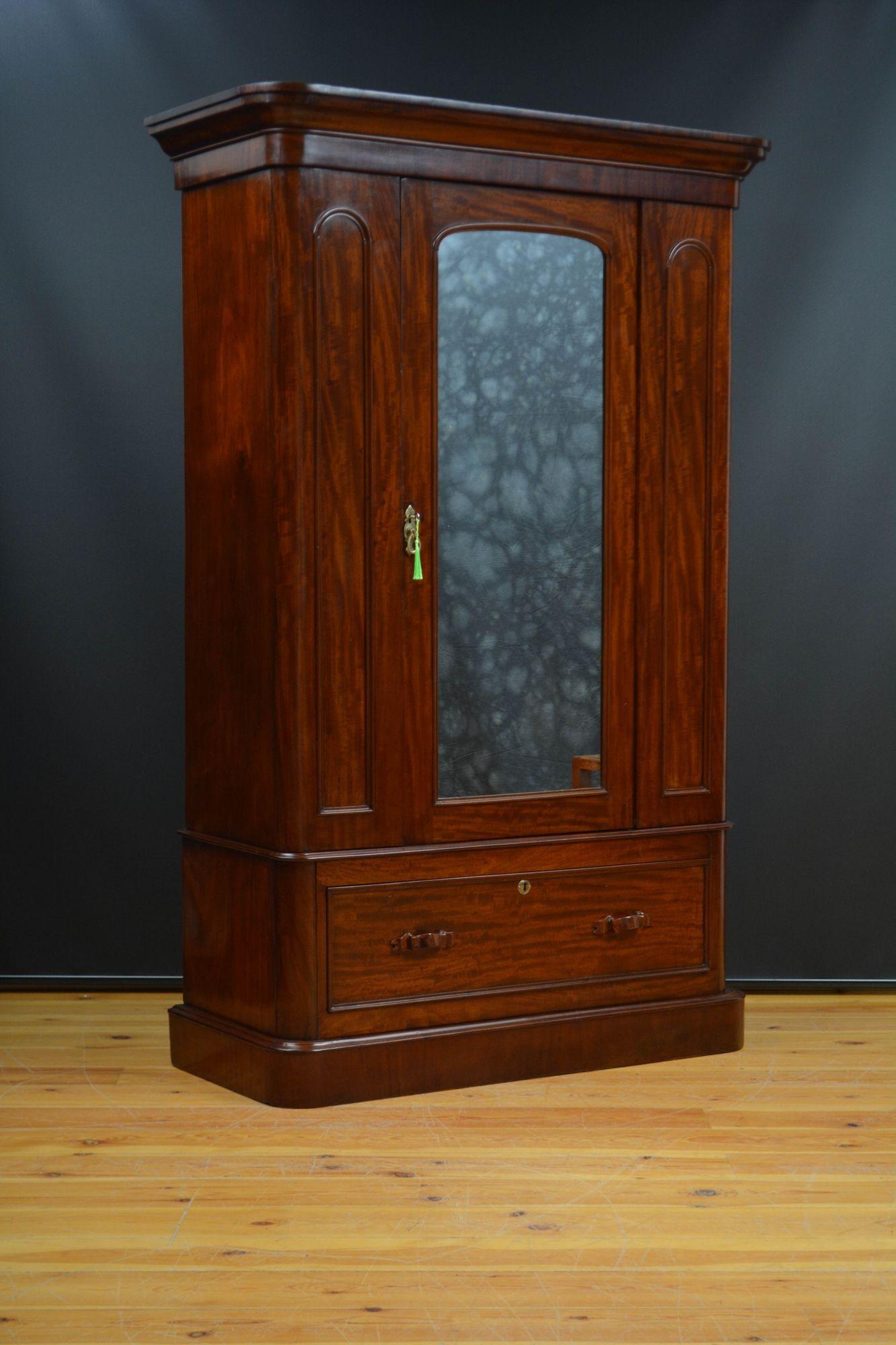Sn5641 Armario victoriano de caoba, de una sola puerta, con cornisa de caveto sobre un friso poco profundo y una sola puerta con cerradura y llave y un espejo arqueado, flanqueado por paneles decorativos arqueados y moldurados, que encierra un