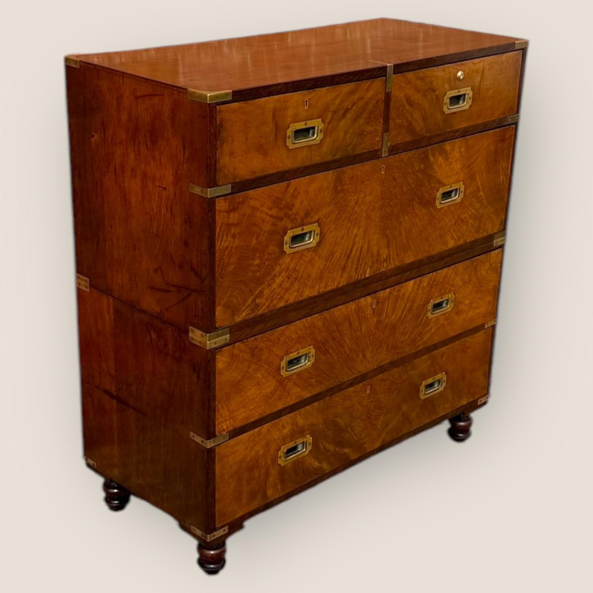 British Victorian Figured Walnut Campaign Chest For Sale