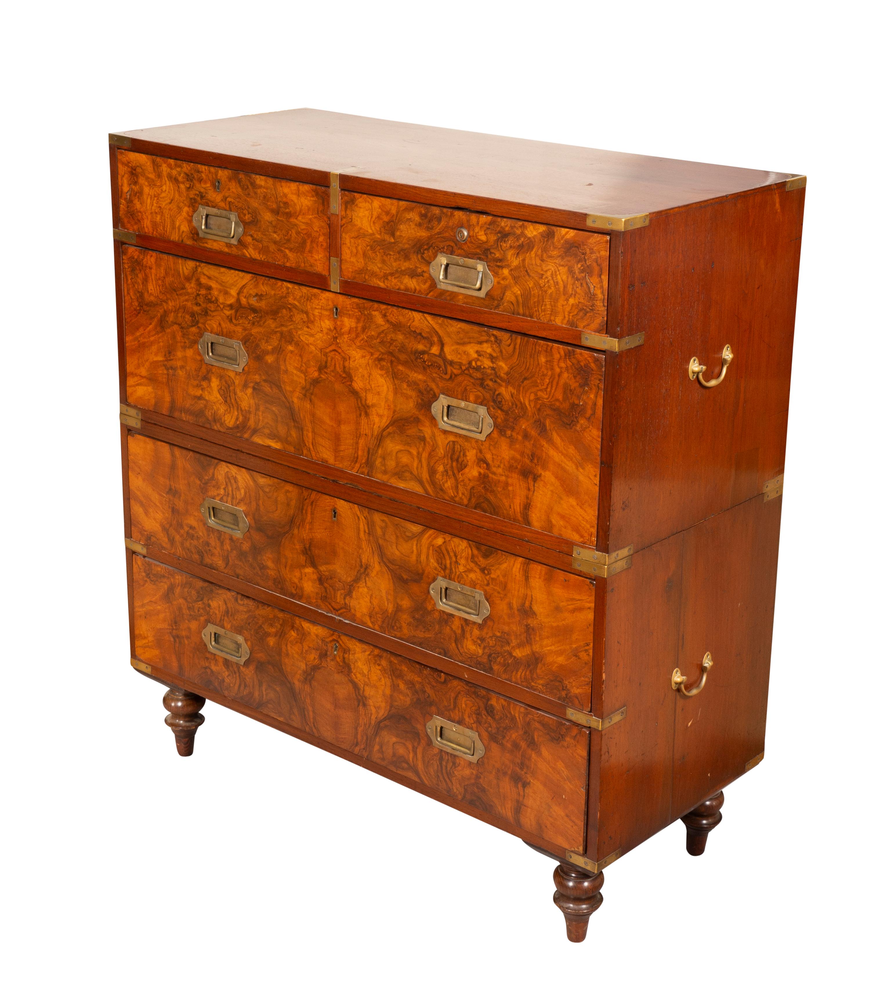 Brass Victorian Figured Walnut Campaign Chest For Sale