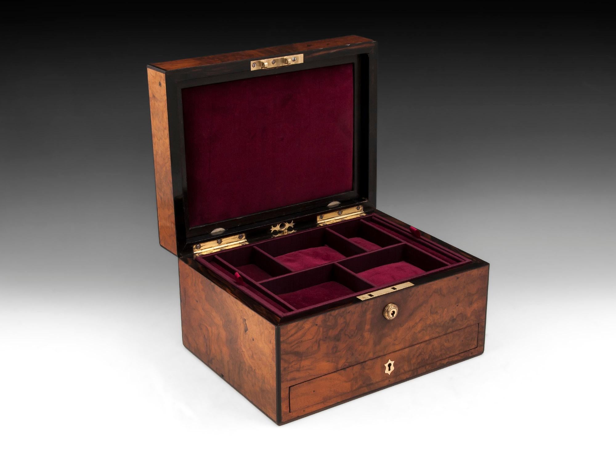 Victorian Figured Walnut Ebony Velvet Lined Jewelry Box 19th Century 5