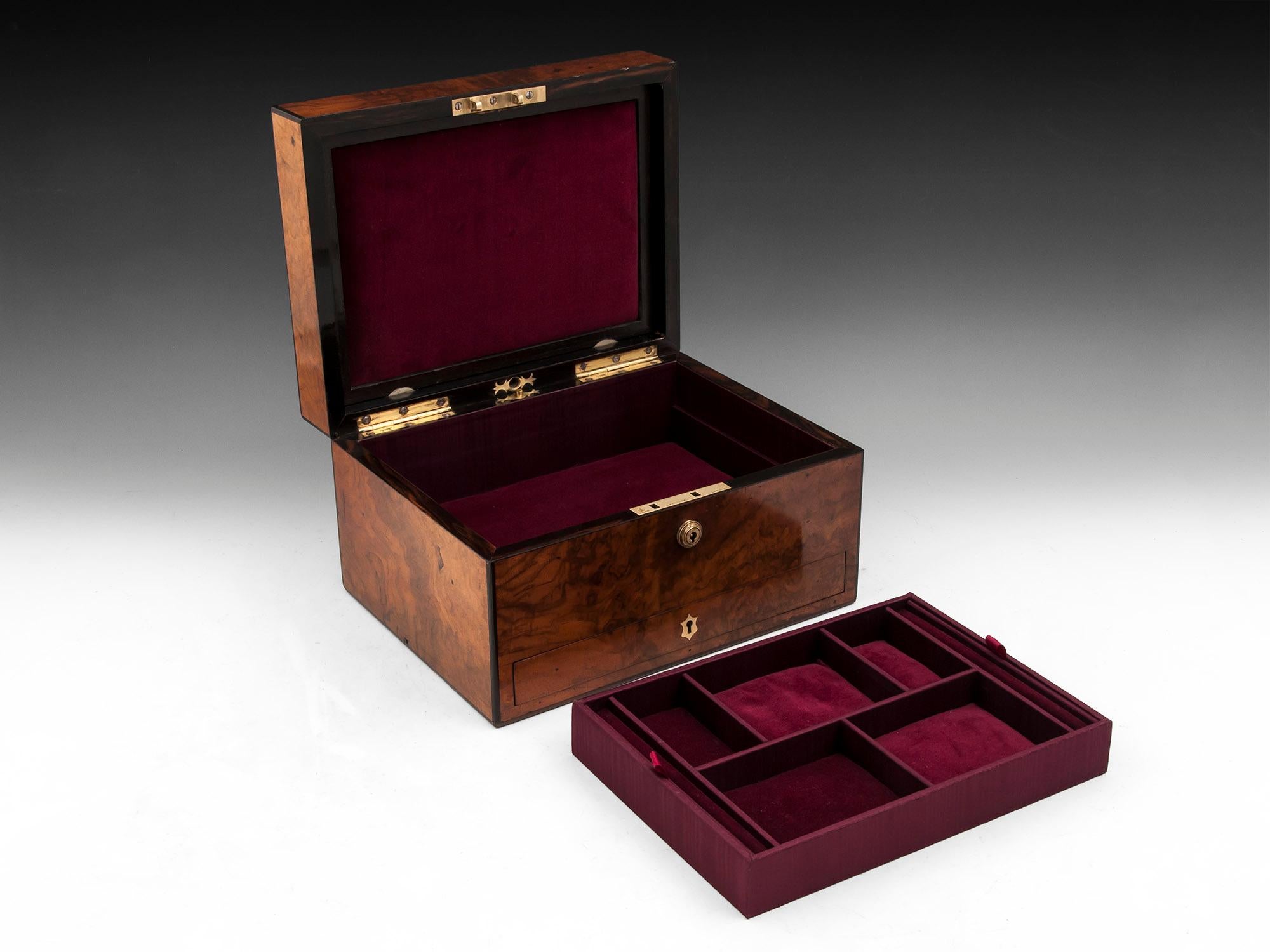 Victorian Figured Walnut Ebony Velvet Lined Jewelry Box 19th Century 6