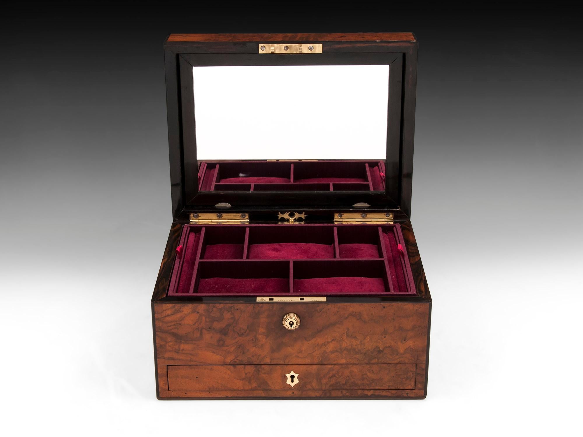 Victorian Figured Walnut Ebony Velvet Lined Jewelry Box 19th Century 8