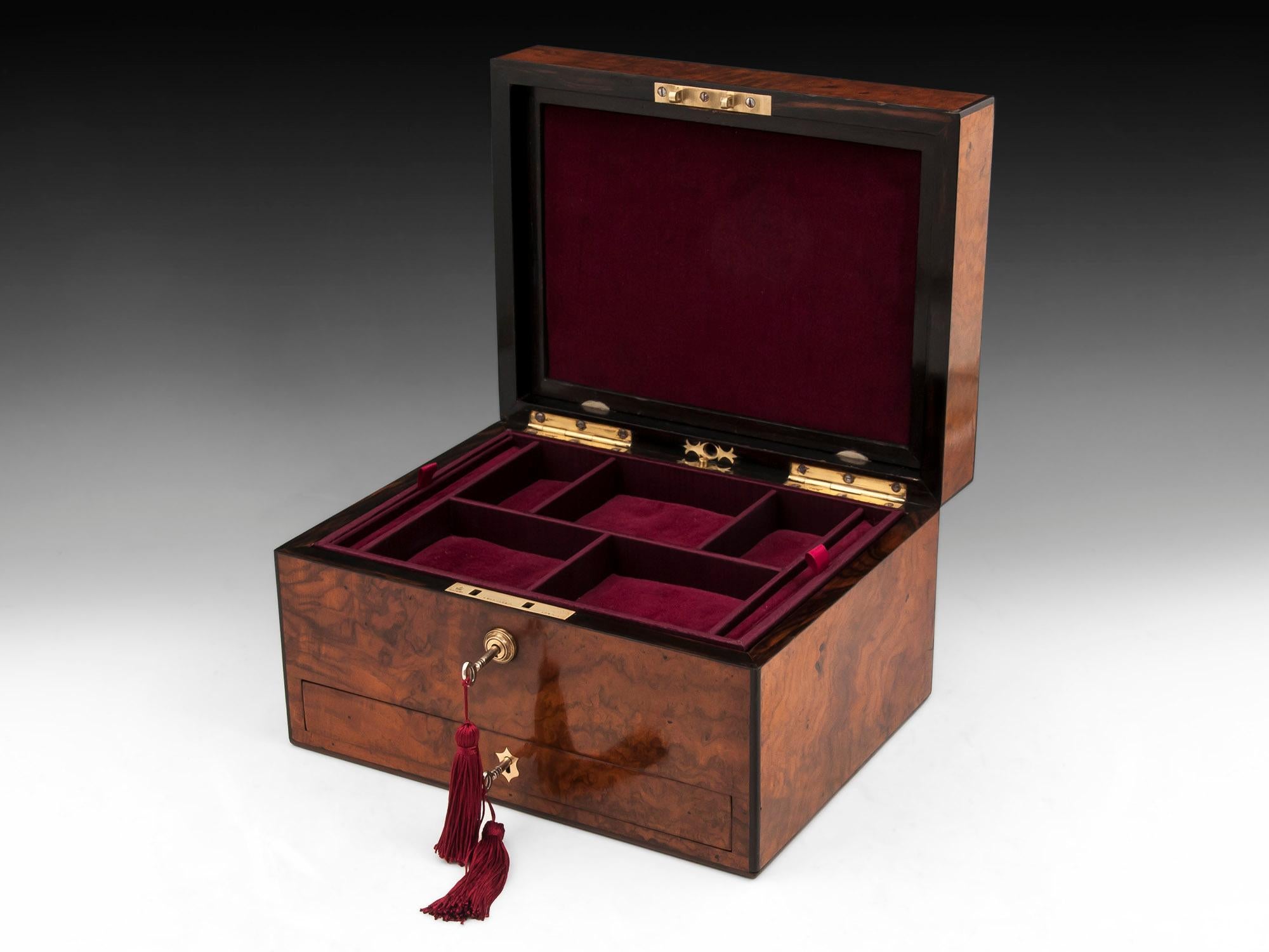 Victorian Figured Walnut Ebony Velvet Lined Jewelry Box 19th Century 9