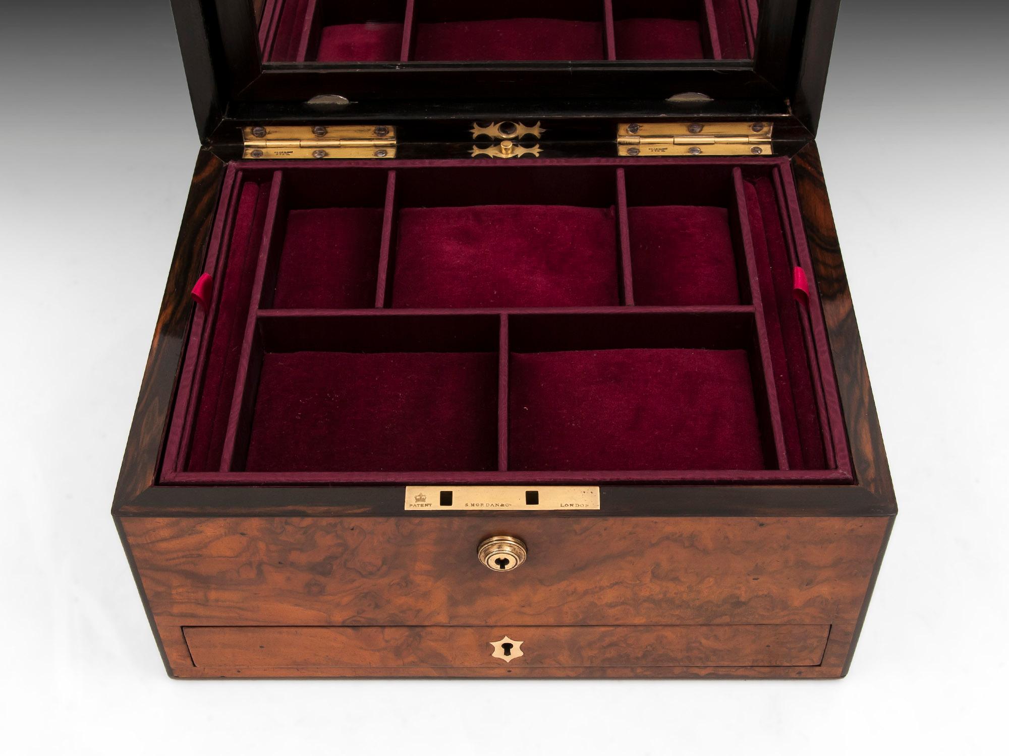 Victorian Figured Walnut Ebony Velvet Lined Jewelry Box 19th Century 2