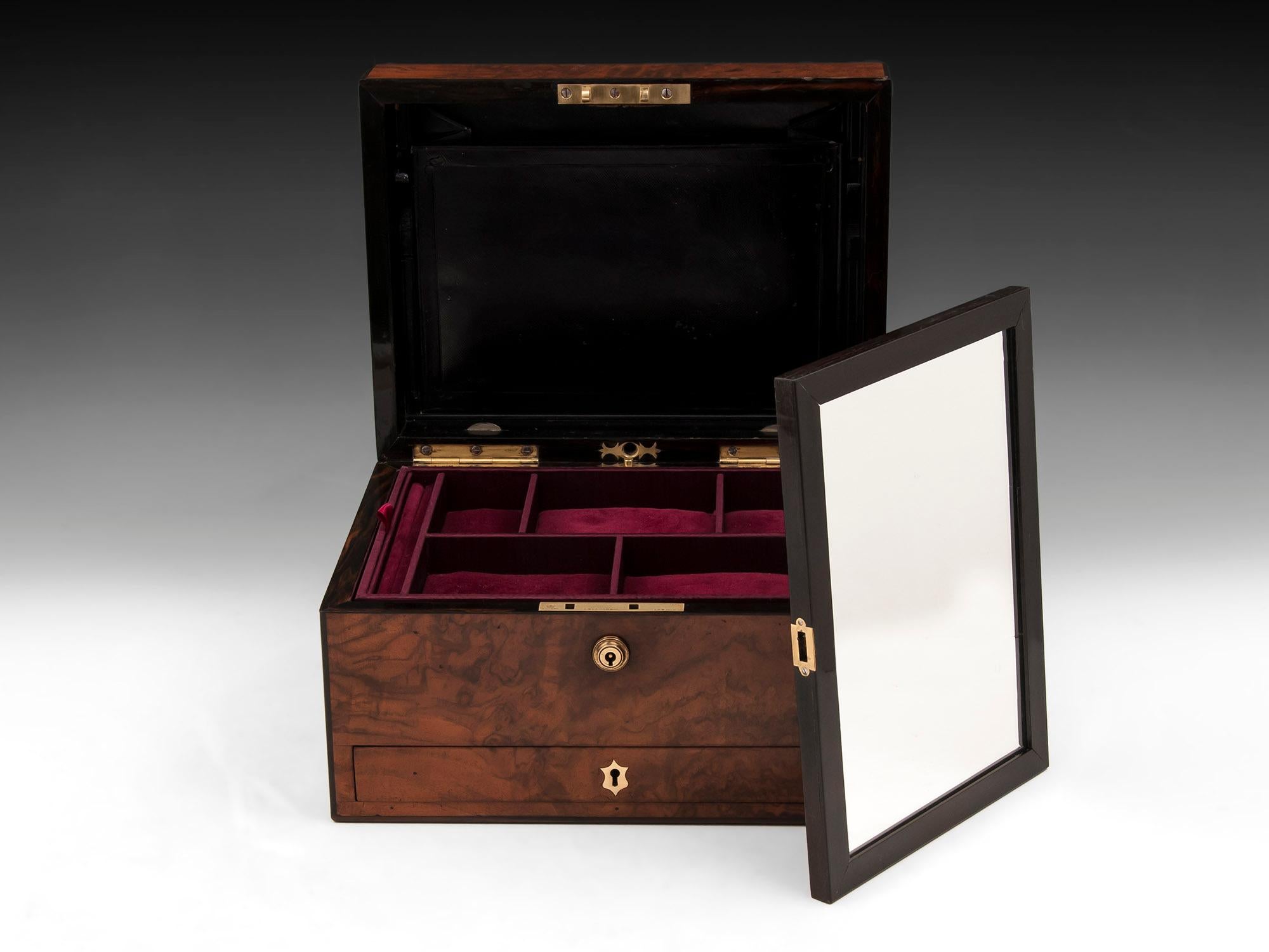 Victorian Figured Walnut Ebony Velvet Lined Jewelry Box 19th Century 3
