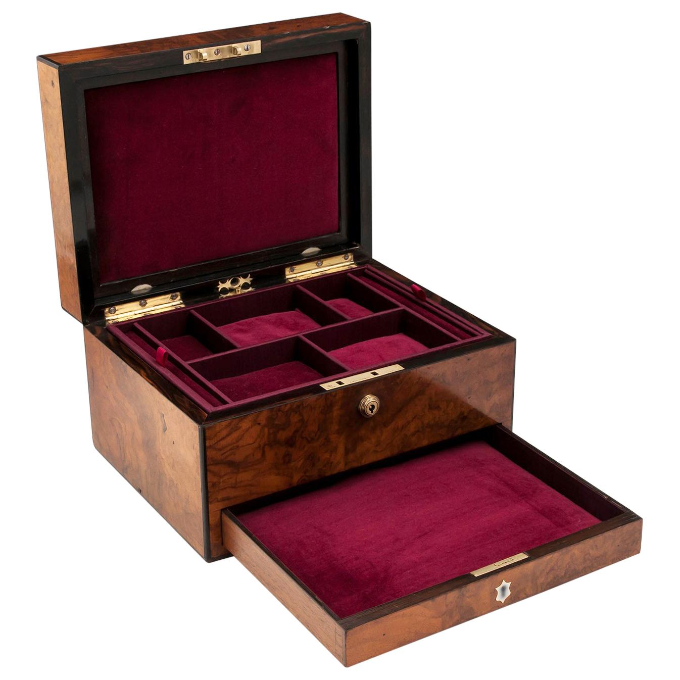 Victorian Figured Walnut Ebony Velvet Lined Jewelry Box 19th Century