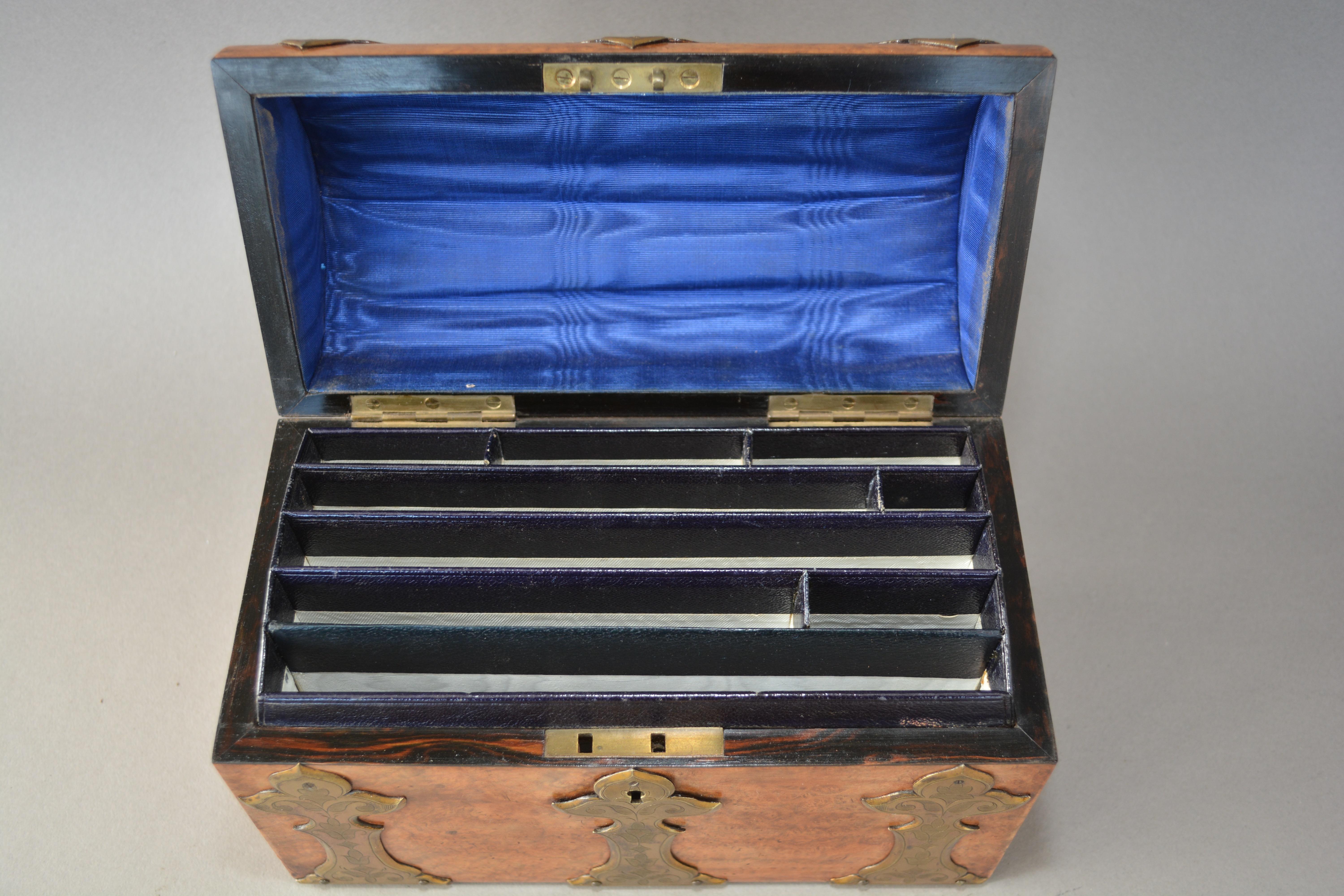 Early Victorian Victorian Figured Walnut Stationary Box with Brass Strapping For Sale