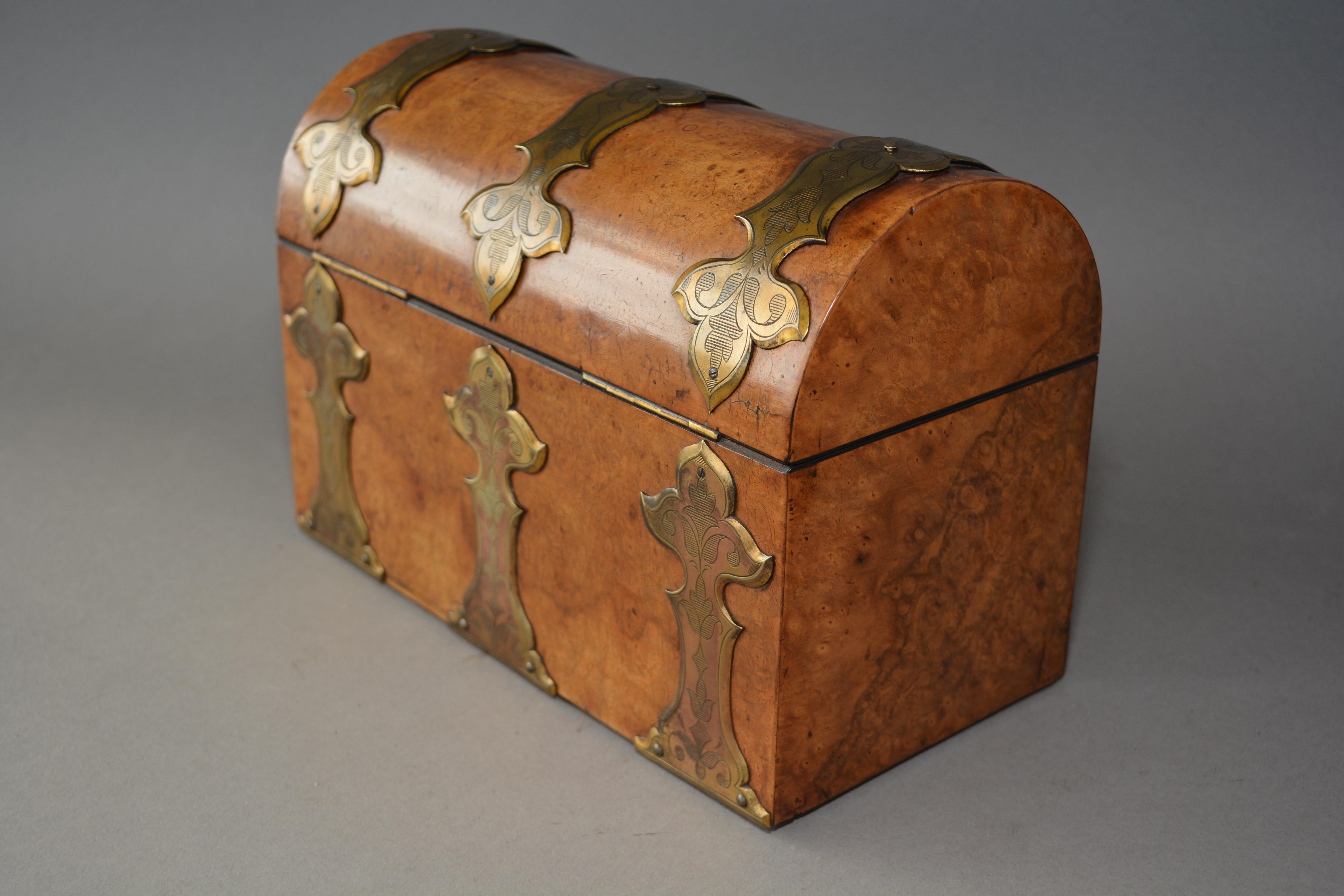 English Victorian Figured Walnut Stationary Box with Brass Strapping For Sale