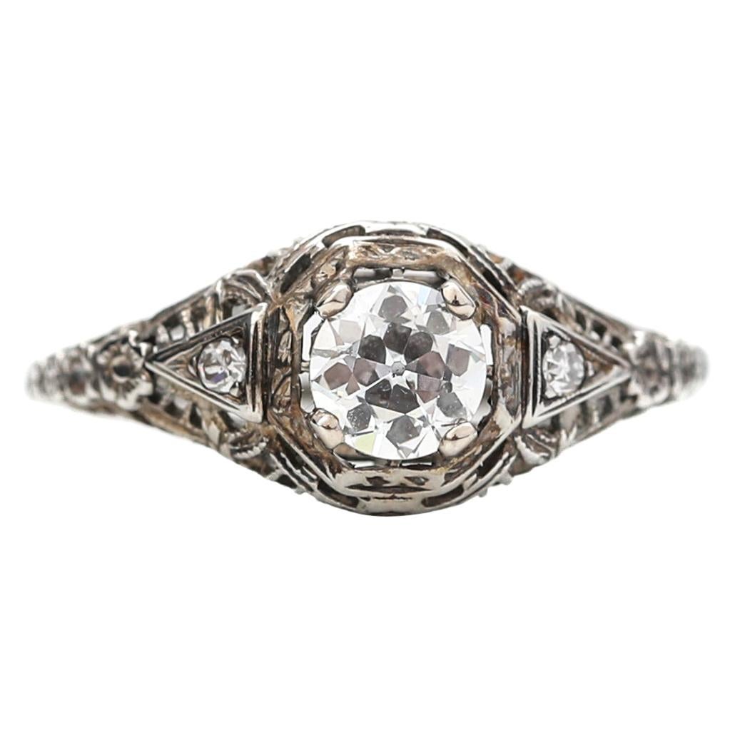 Victorian Filigree .60 Carat Diamond White Gold Engagement Ring, circa 1890s
