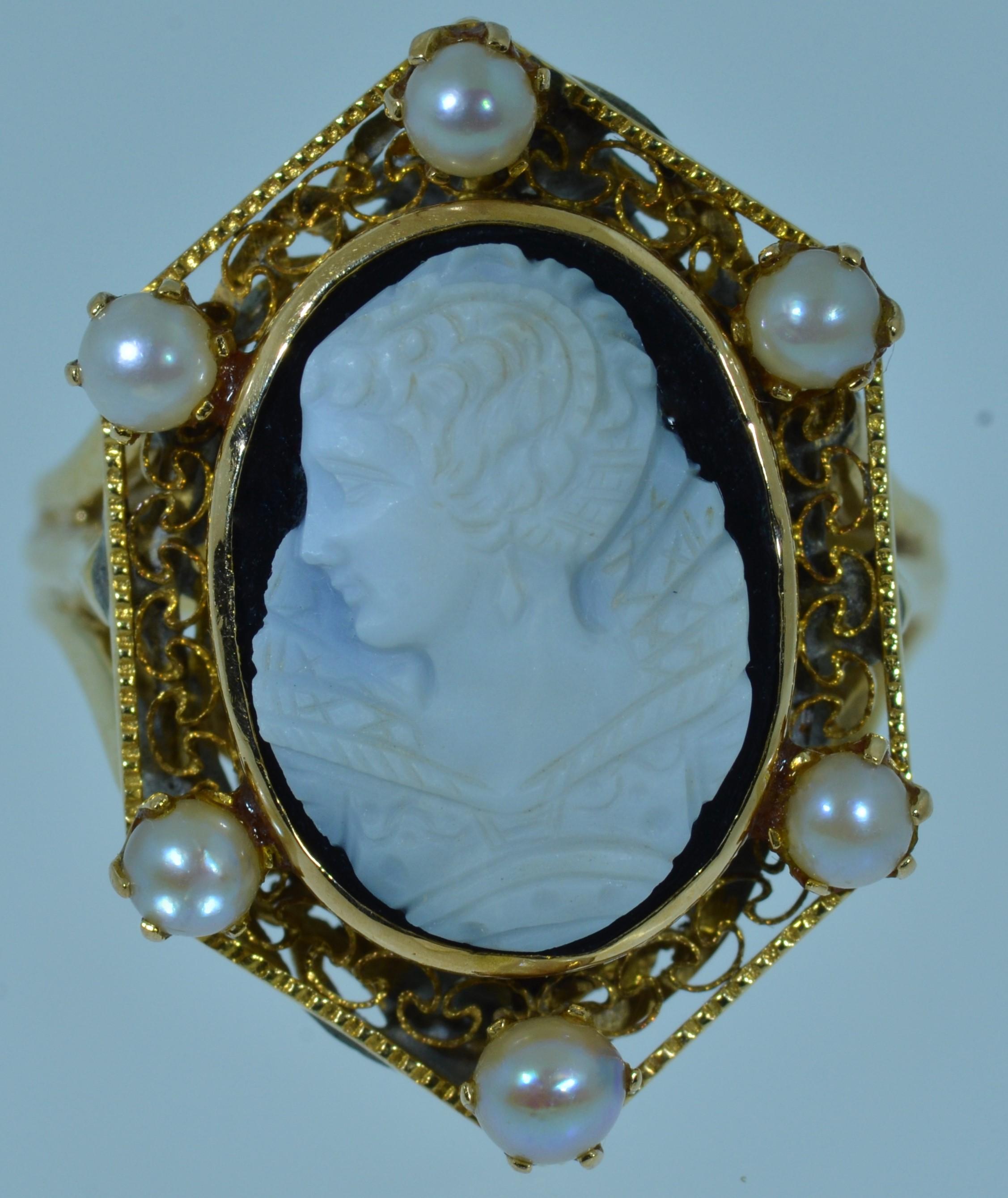 Women's Victorian Filigree Cameo Ring with Pearls For Sale