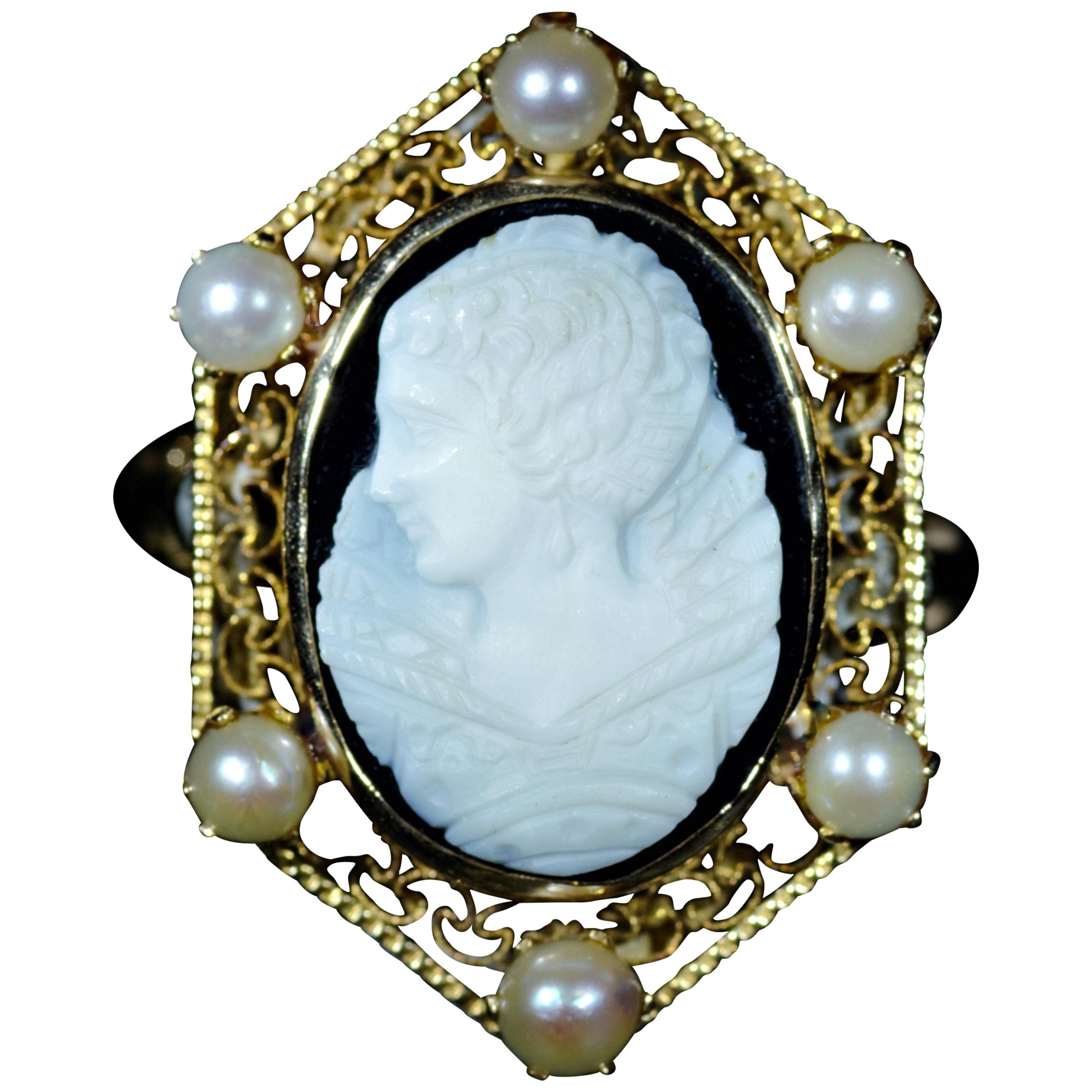 Victorian Filigree Cameo Ring with Pearls For Sale