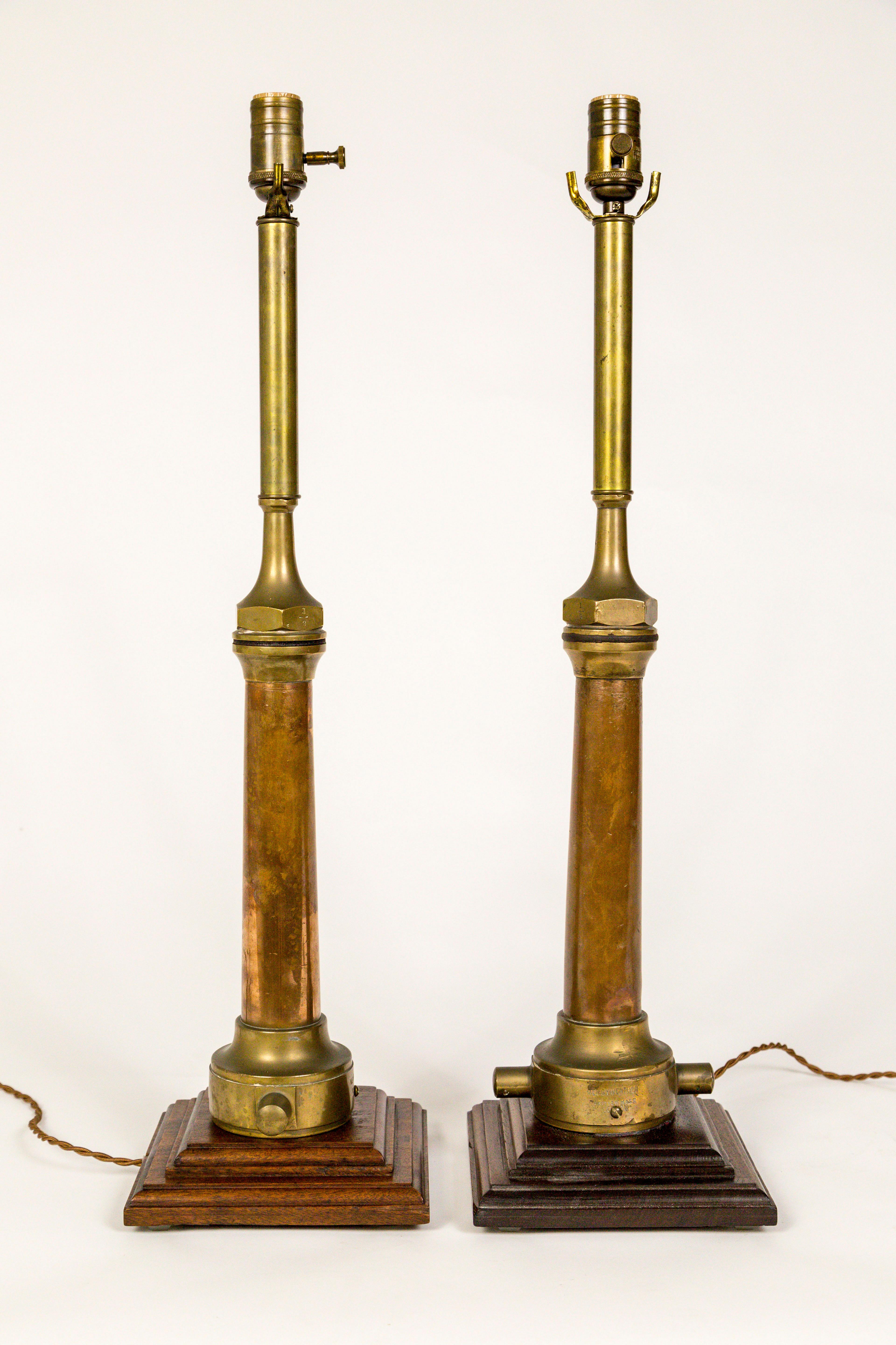 Early 20th Century Copper & Brass Victorian Fire Hose Nozzle Lamps (pair)