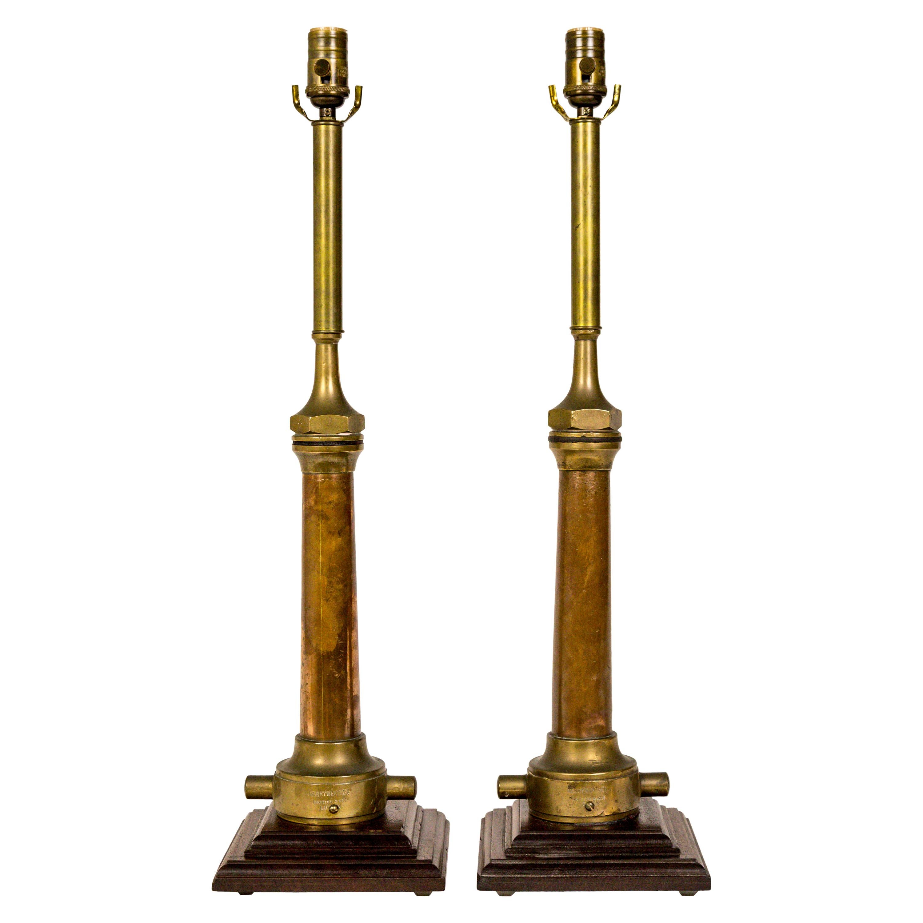 Copper & Brass Victorian Fire Hose Nozzle Lamps (pair)