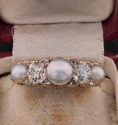Victorian Five Stone 1.80 Ct. Diamond Natural Pearl Half Hoop ring
