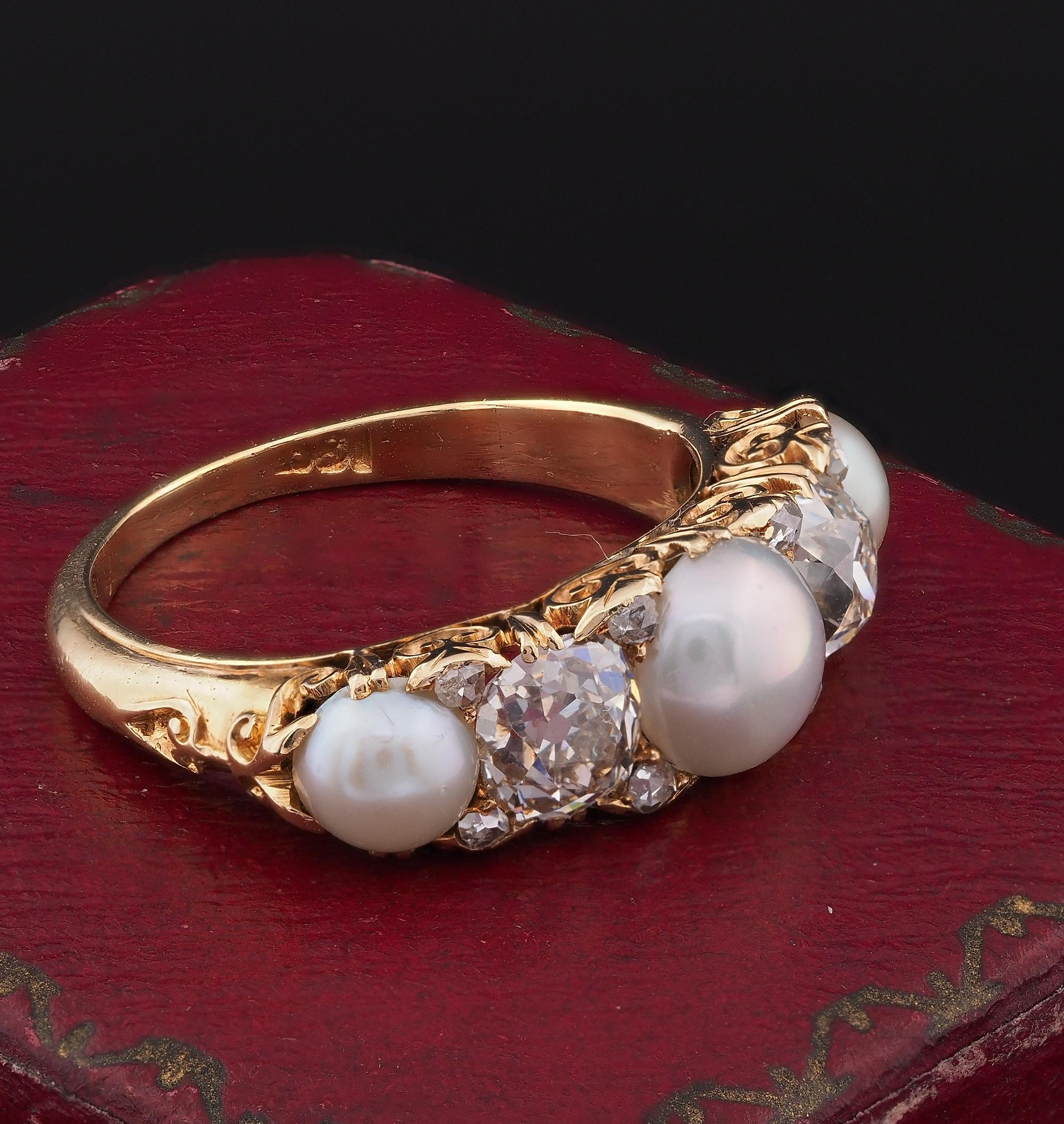 Old Mine Cut Victorian Five Stone 1.80 Ct. Diamond Natural Pearl Half Hoop ring For Sale