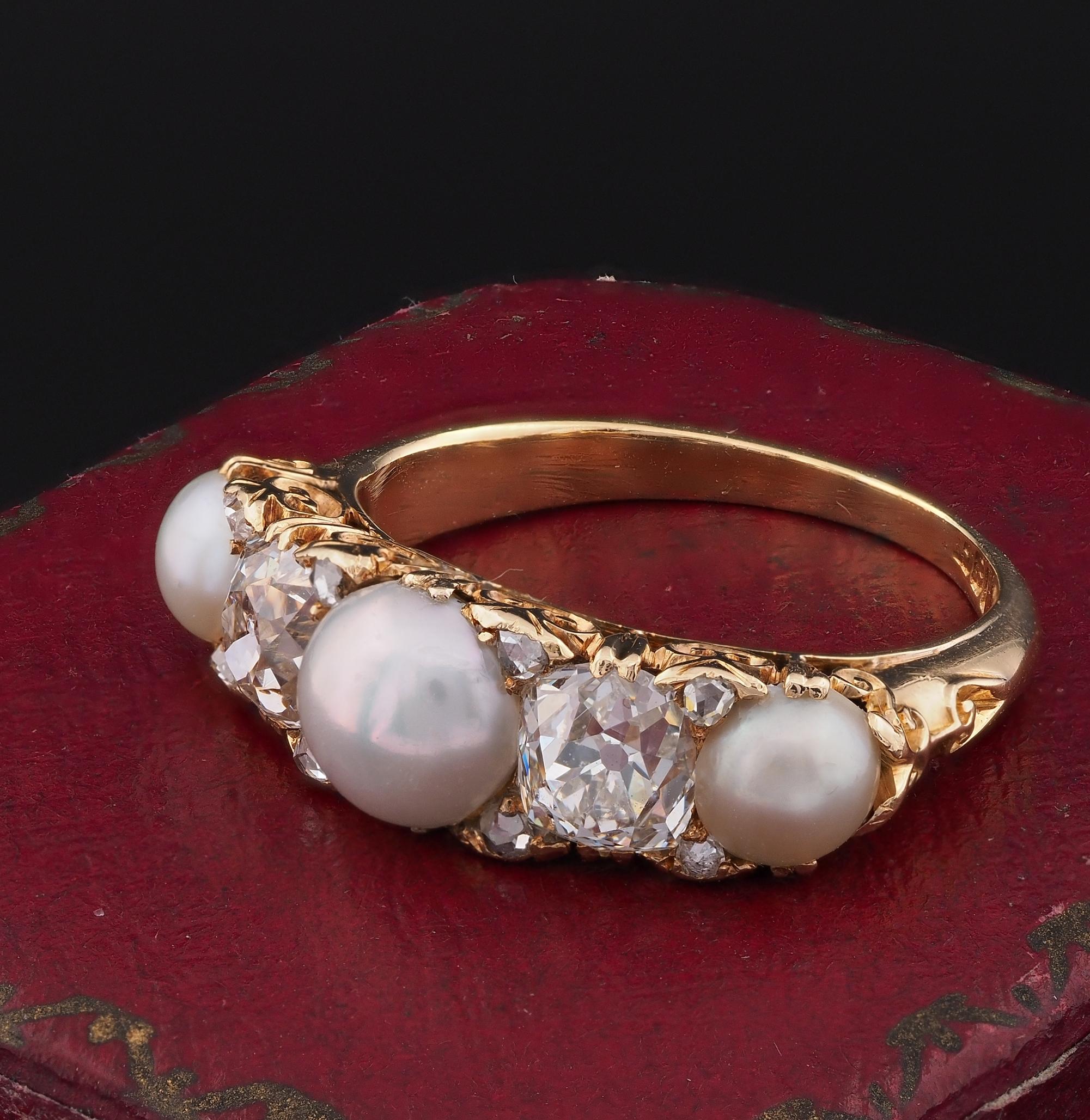 Women's or Men's Victorian Five Stone 1.80 Ct. Diamond Natural Pearl Half Hoop ring For Sale