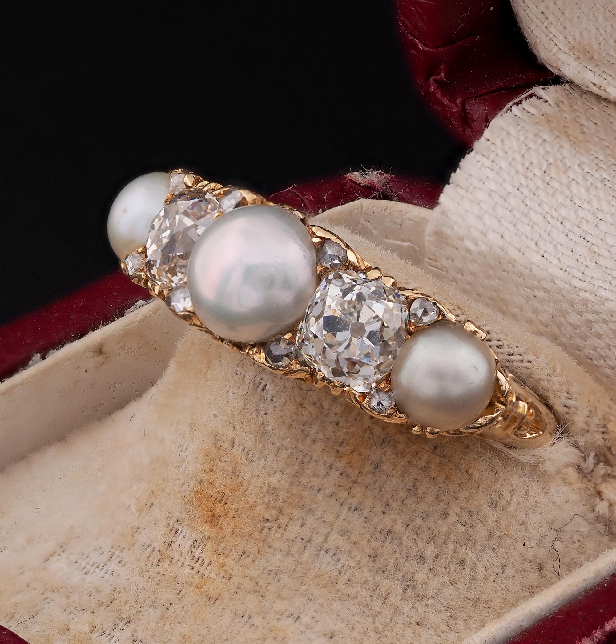 Victorian Five Stone 1.80 Ct. Diamond Natural Pearl Half Hoop ring For Sale 1