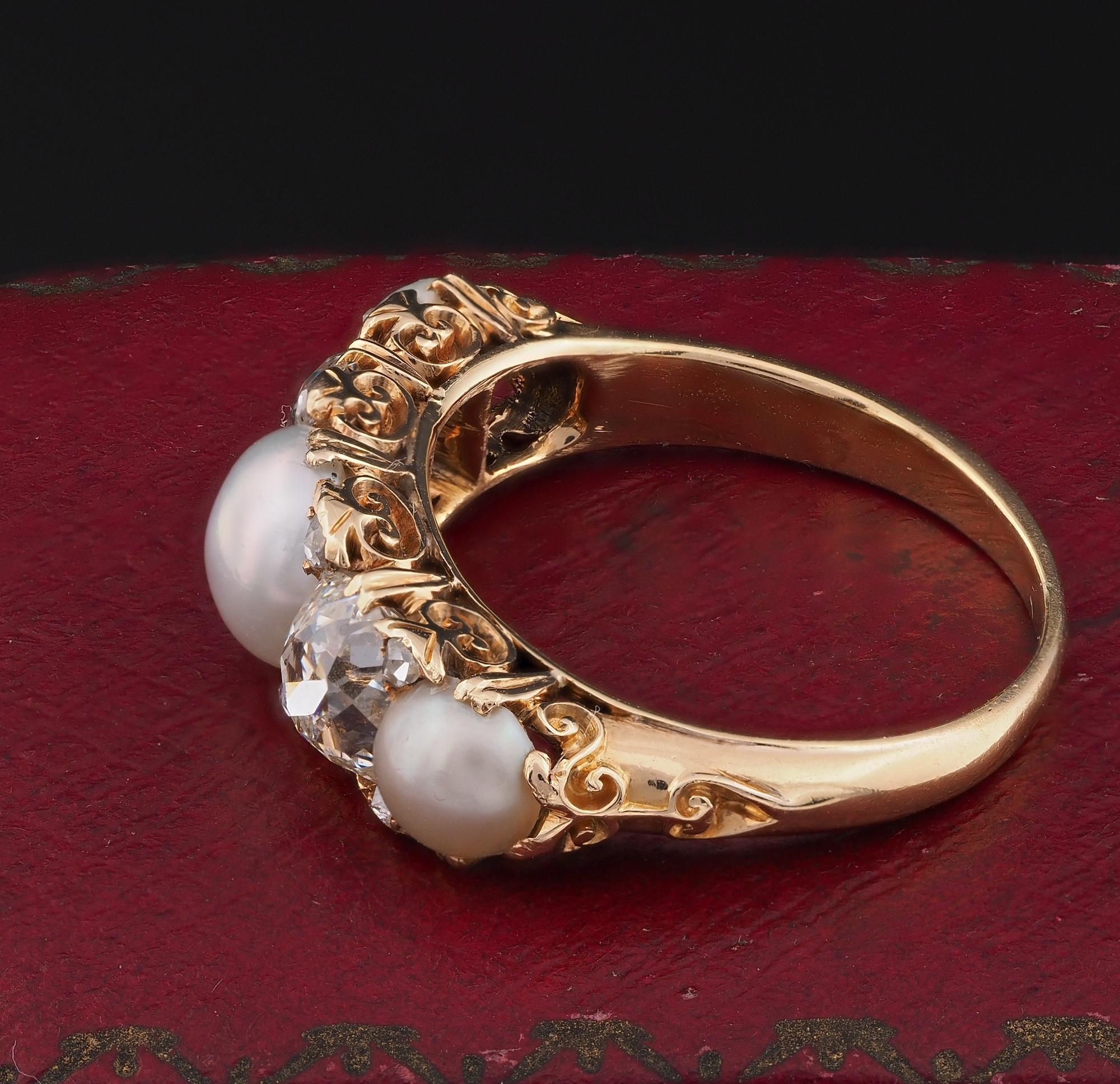 Victorian Five Stone 1.80 Ct. Diamond Natural Pearl Half Hoop ring For Sale 2