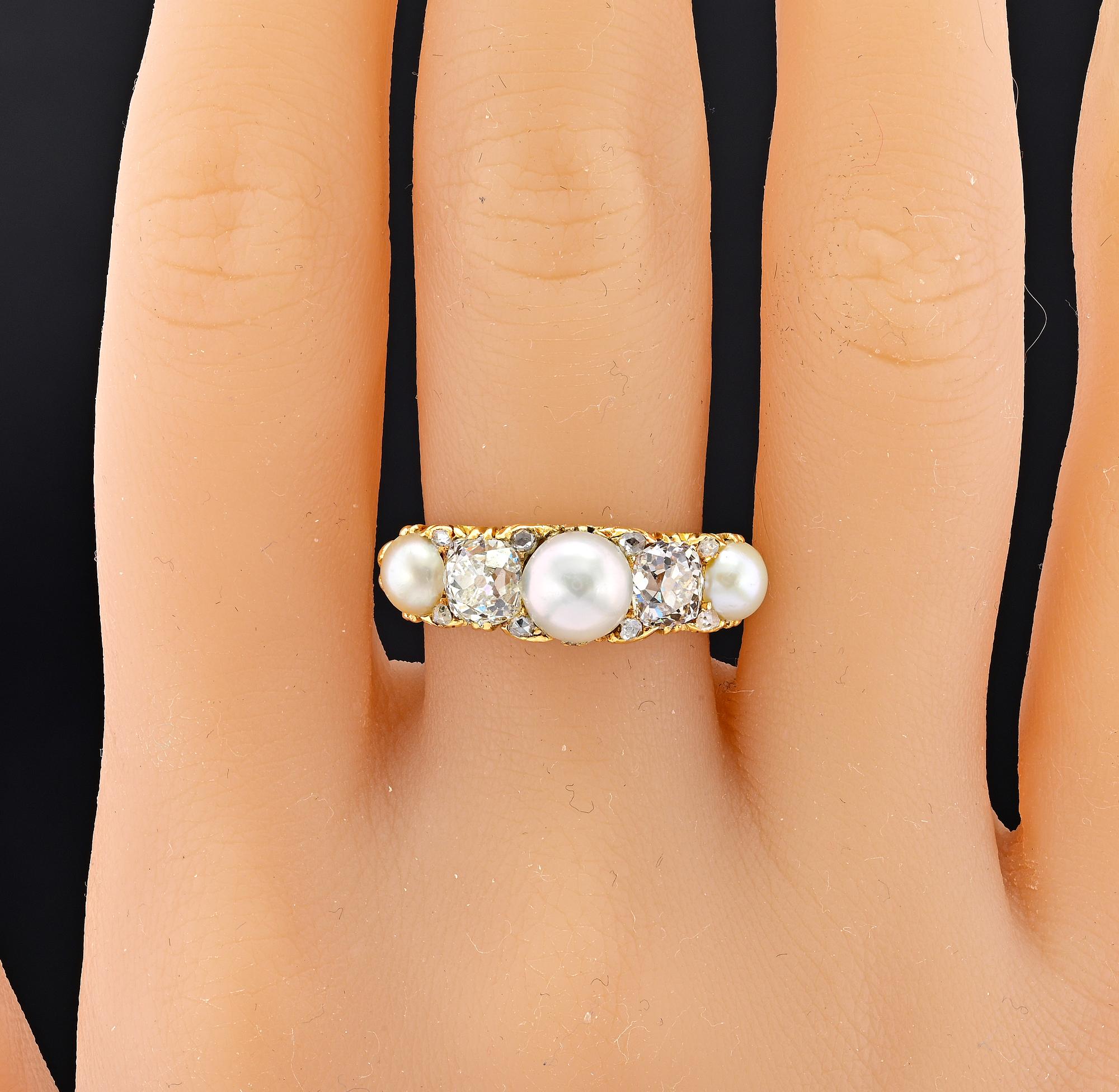 Victorian Five Stone 1.80 Ct. Diamond Natural Pearl Half Hoop ring For Sale 4