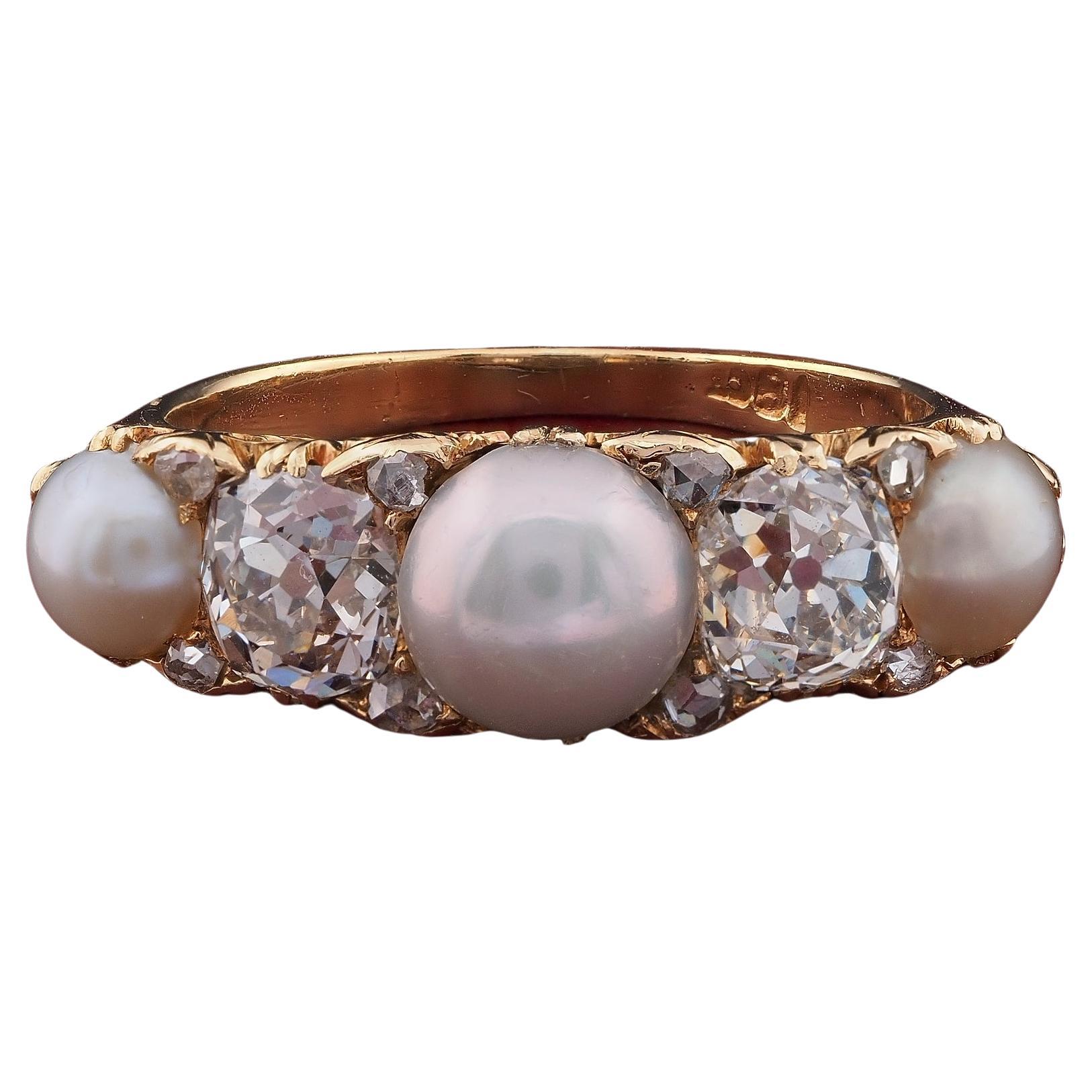 Victorian Five Stone 1.80 Ct. Diamond Natural Pearl Half Hoop ring For Sale