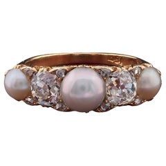 Antique Victorian Five Stone 1.80 Ct. Diamond Natural Pearl Half Hoop ring