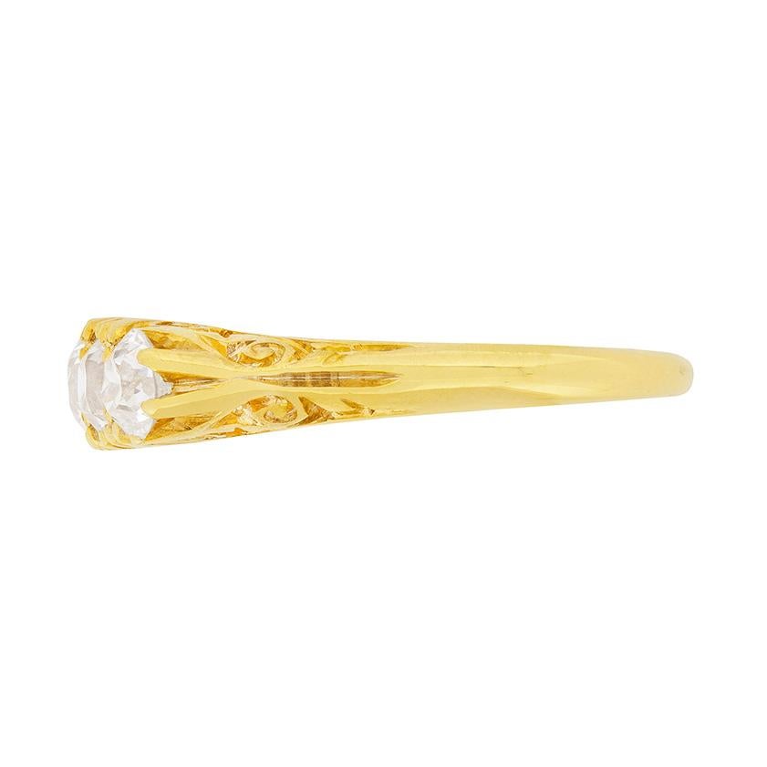 Old Mine Cut Victorian Five-Stone Diamond Carved Shank Ring, circa 1880s For Sale