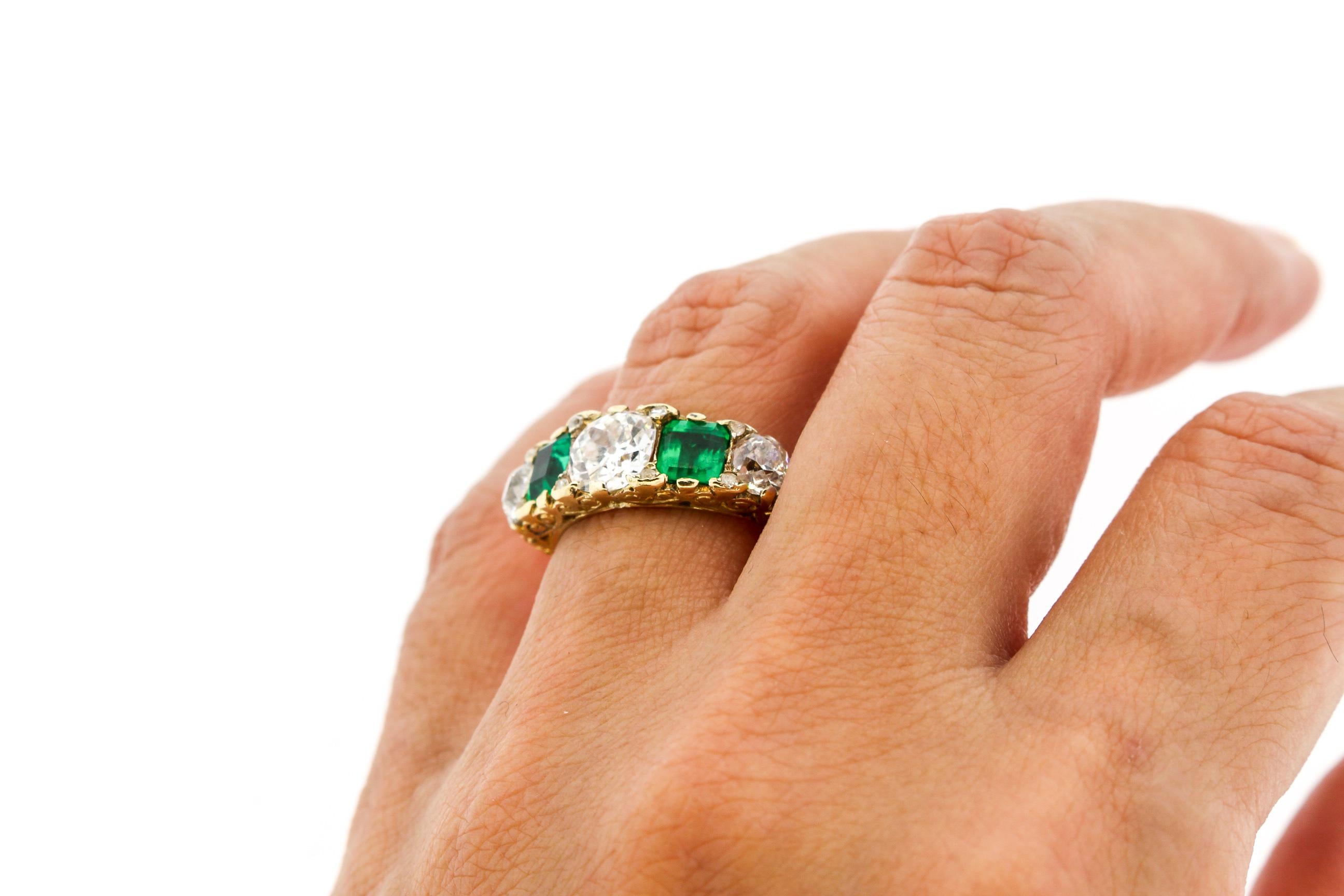 Late Victorian Victorian Five-Stone Diamond Emerald Half Hoop Ring
