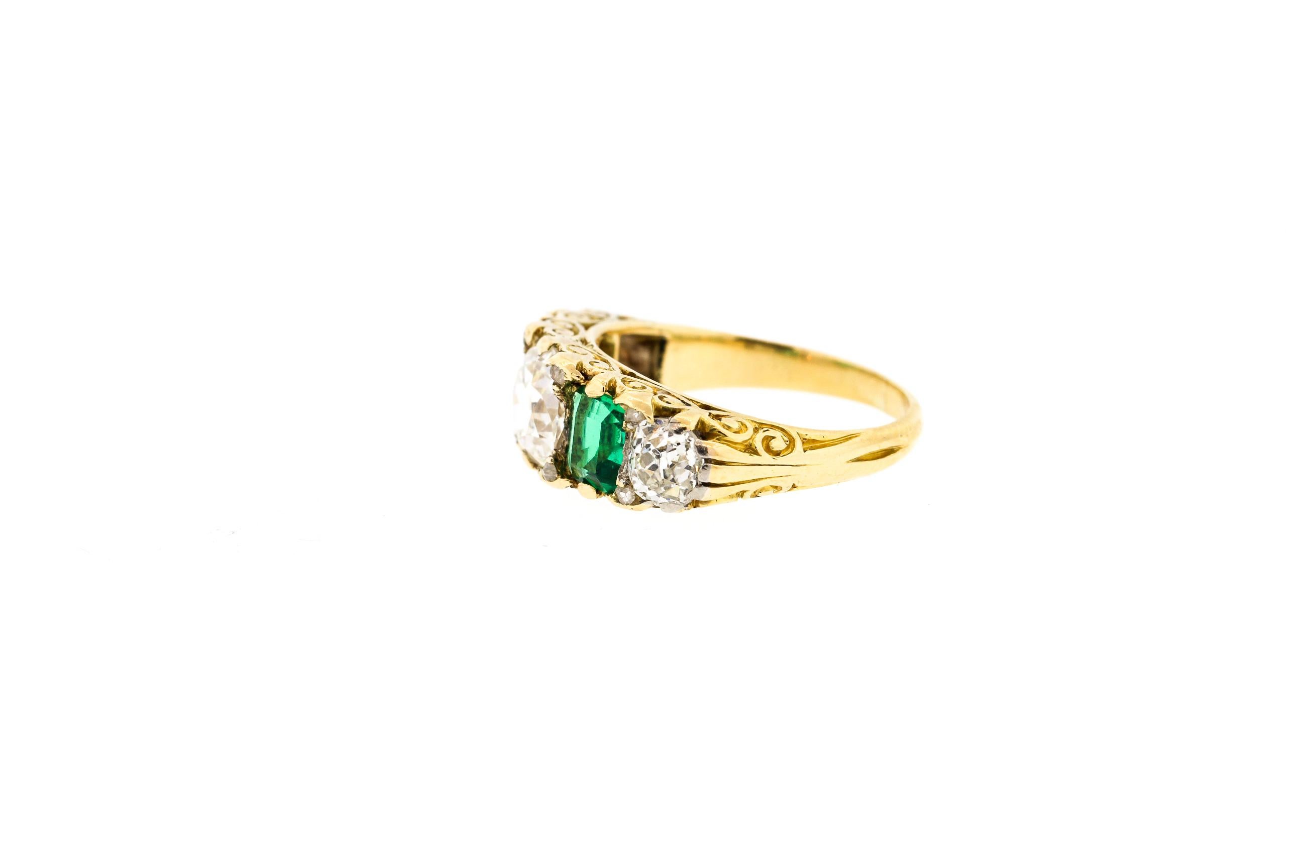 Women's or Men's Victorian Five-Stone Diamond Emerald Half Hoop Ring