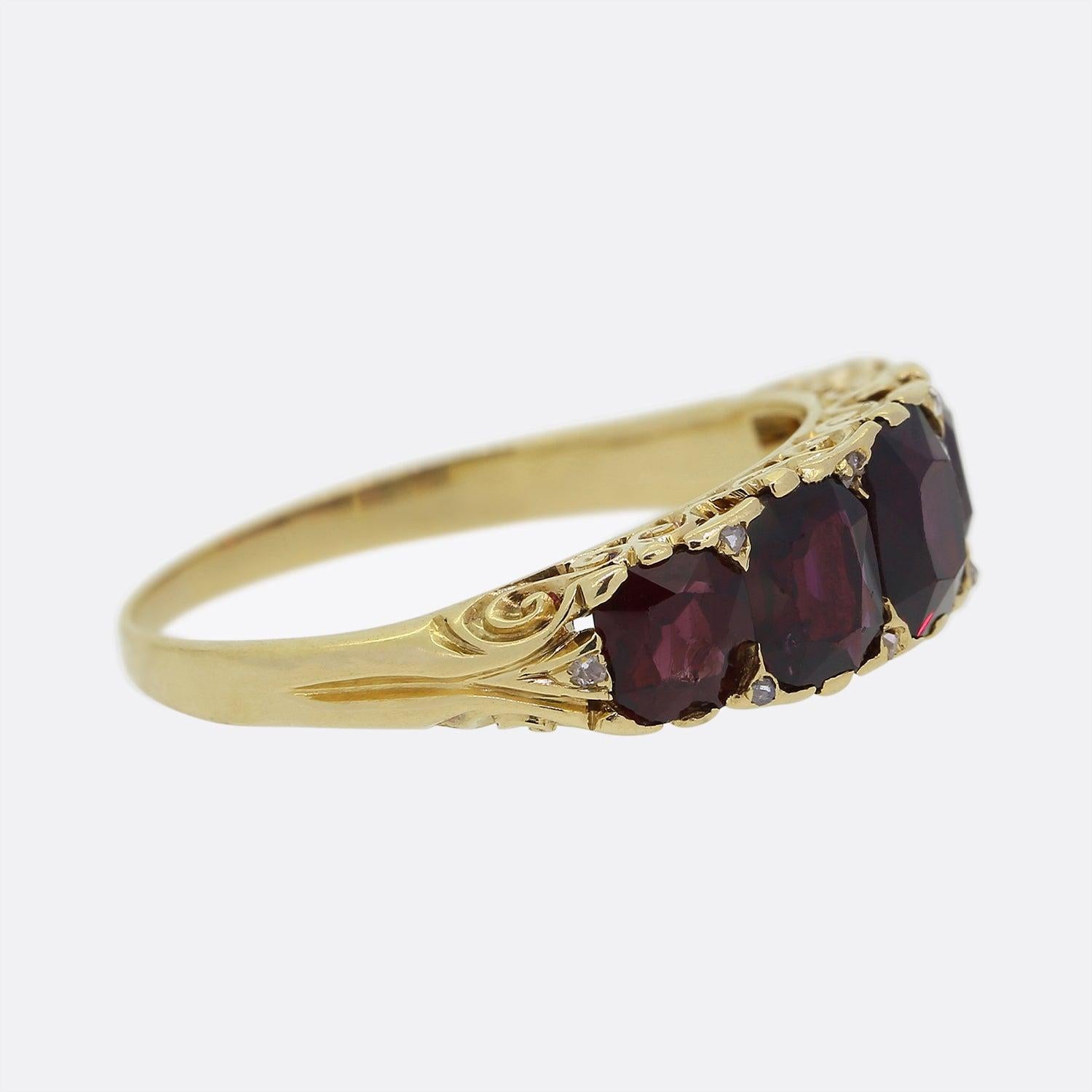 Cushion Cut Victorian Five Stone Garnet and Diamond Ring For Sale