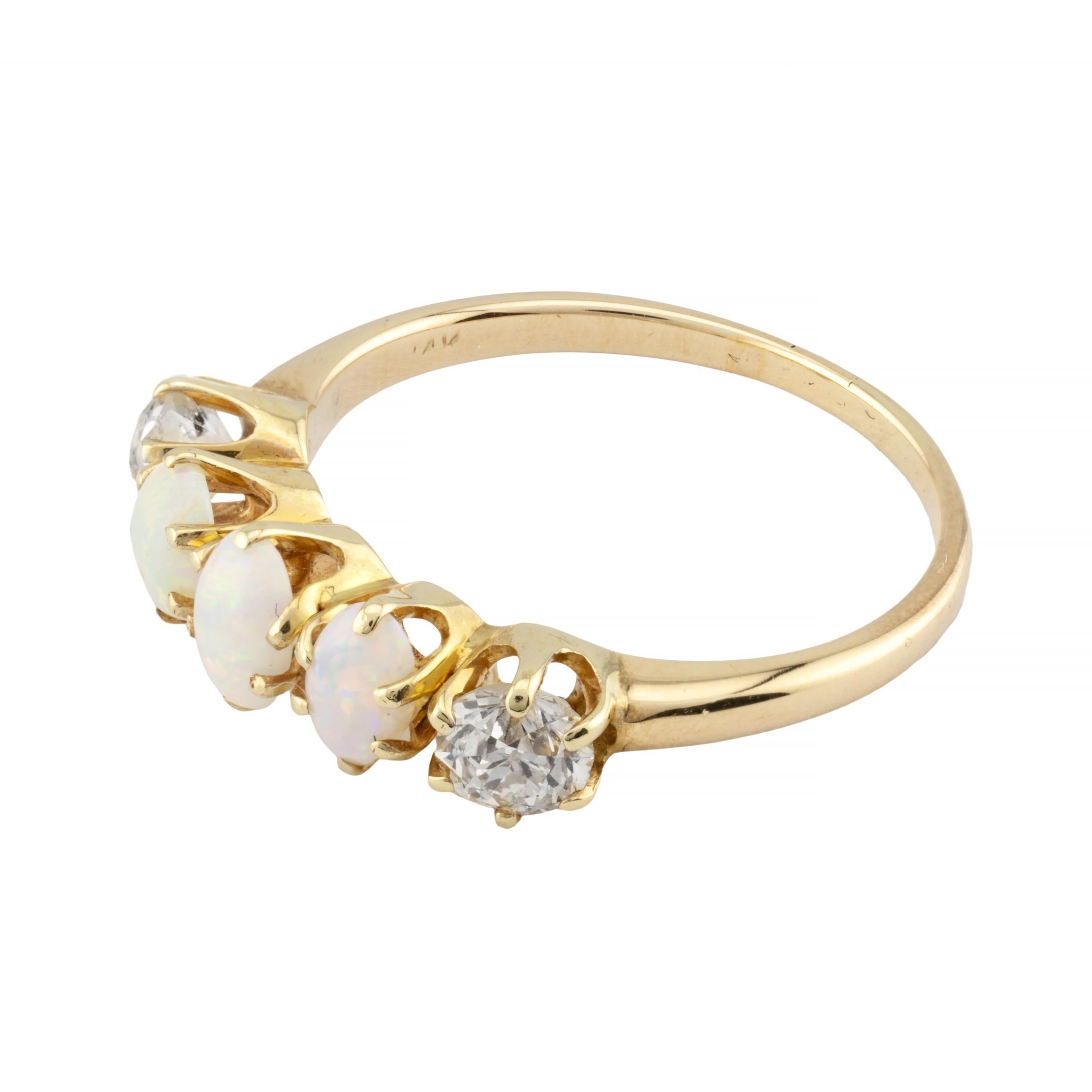 Cabochon Victorian Five Stone Mine Cut Diamond & Opal Band Ring in 14K Yellow Gold For Sale