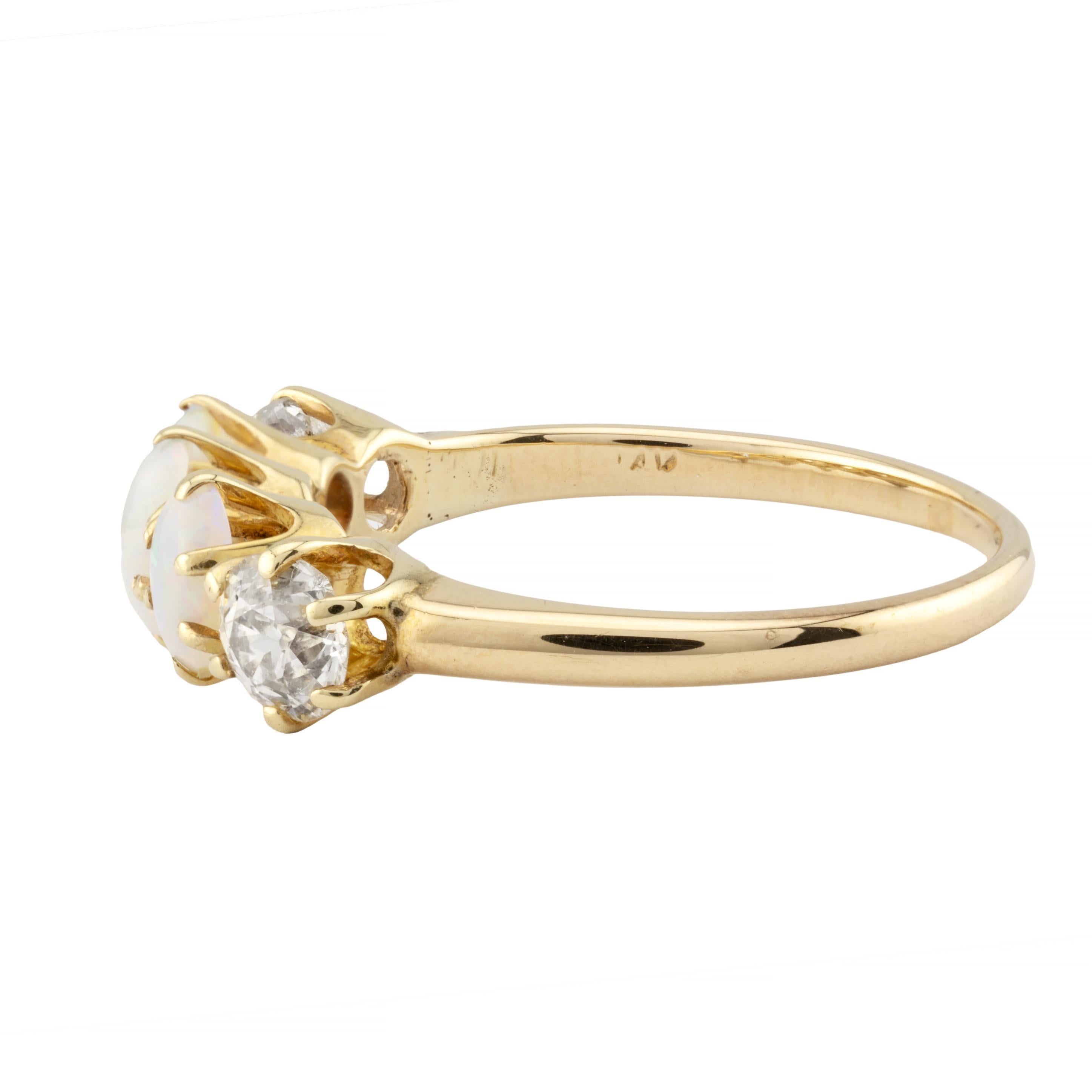 Victorian Five Stone Mine Cut Diamond & Opal Band Ring in 14K Yellow Gold In Good Condition For Sale In Boston, MA