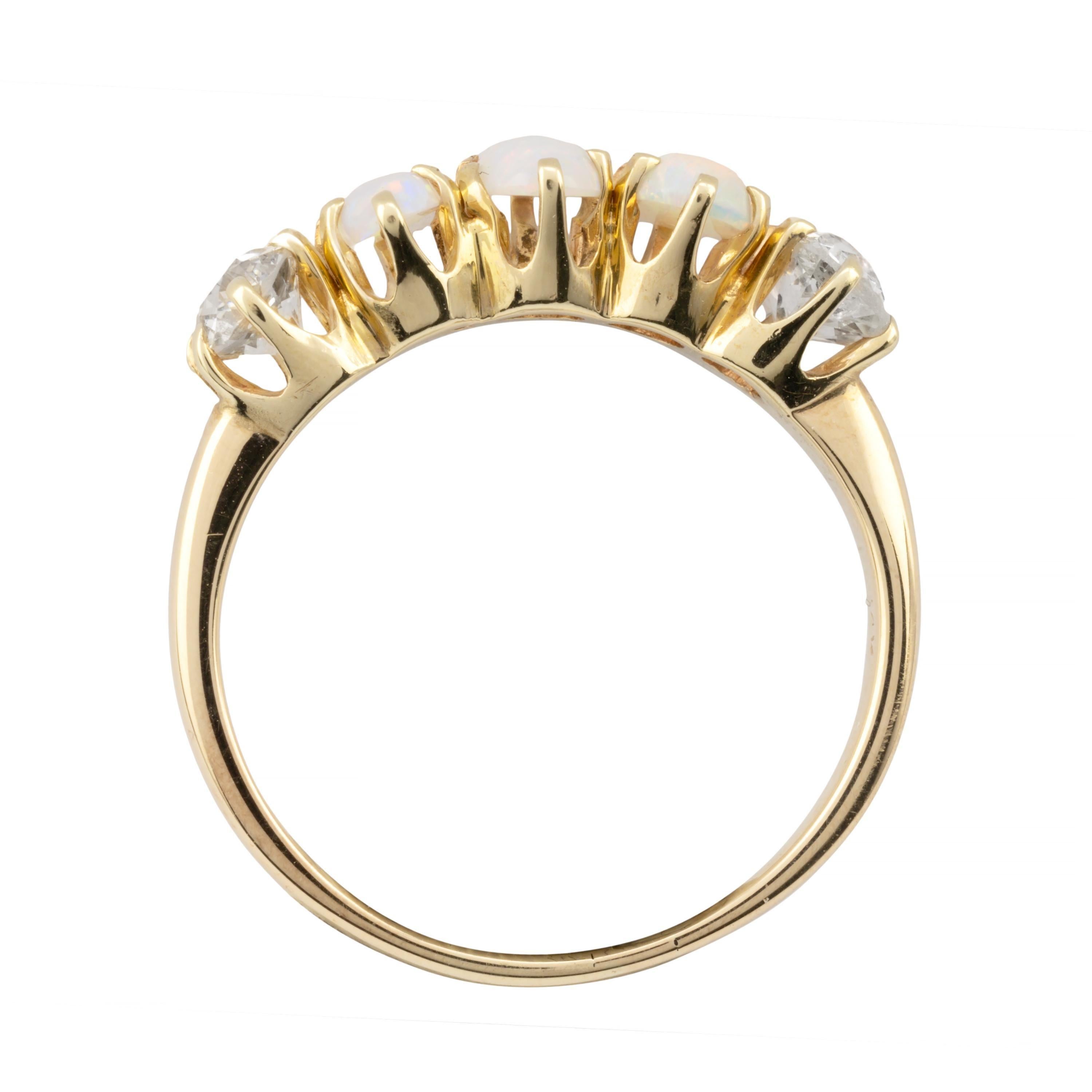 Women's Victorian Five Stone Mine Cut Diamond & Opal Band Ring in 14K Yellow Gold For Sale