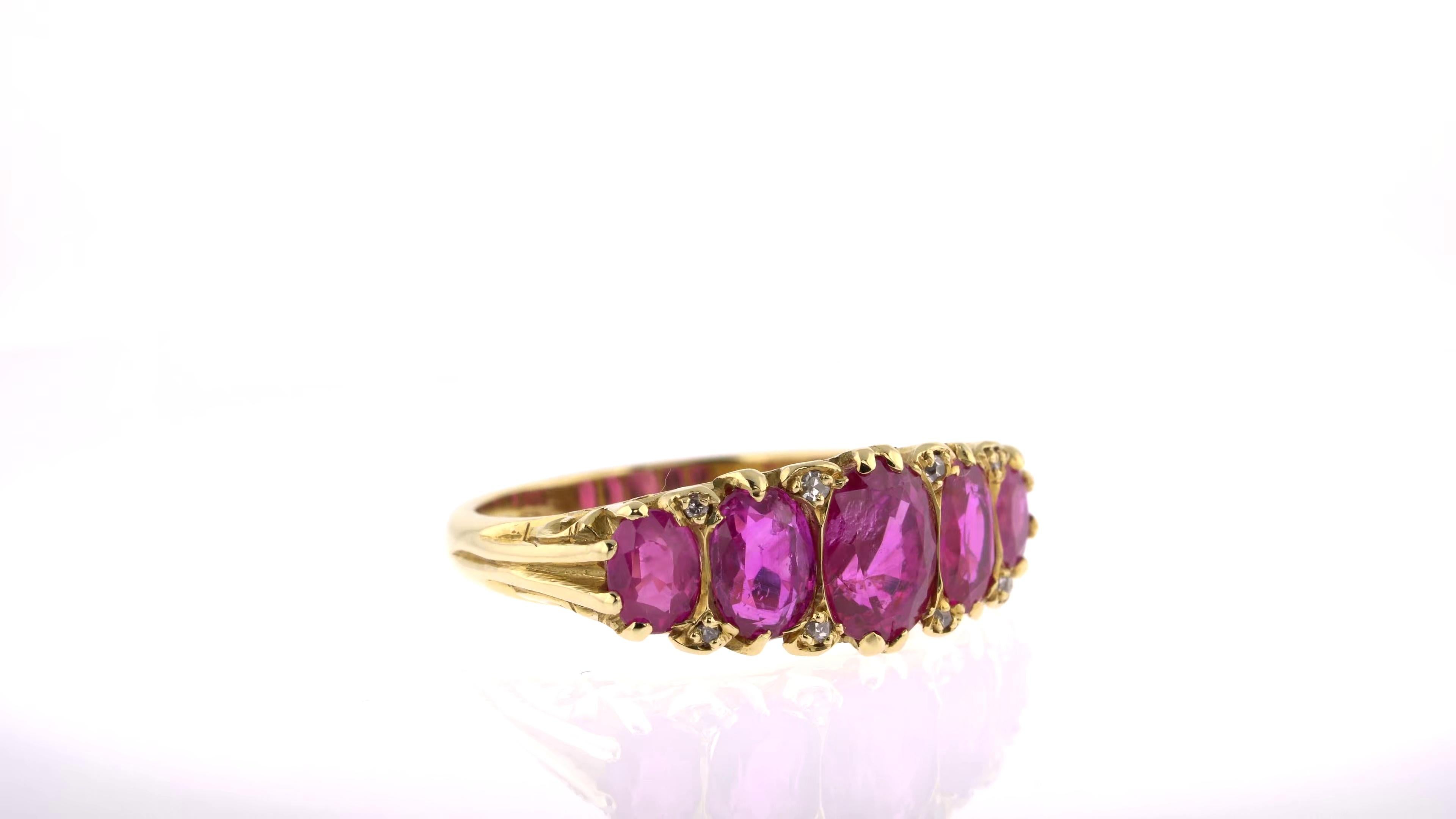 This feminine ring is a true one-off, handmade in our London atelier and featuring five rich red rubies. The stones are arranged along a broad yellow gold band, offsetting the rich colour of each oval cut ruby. The ring’s unique, vintage-style look