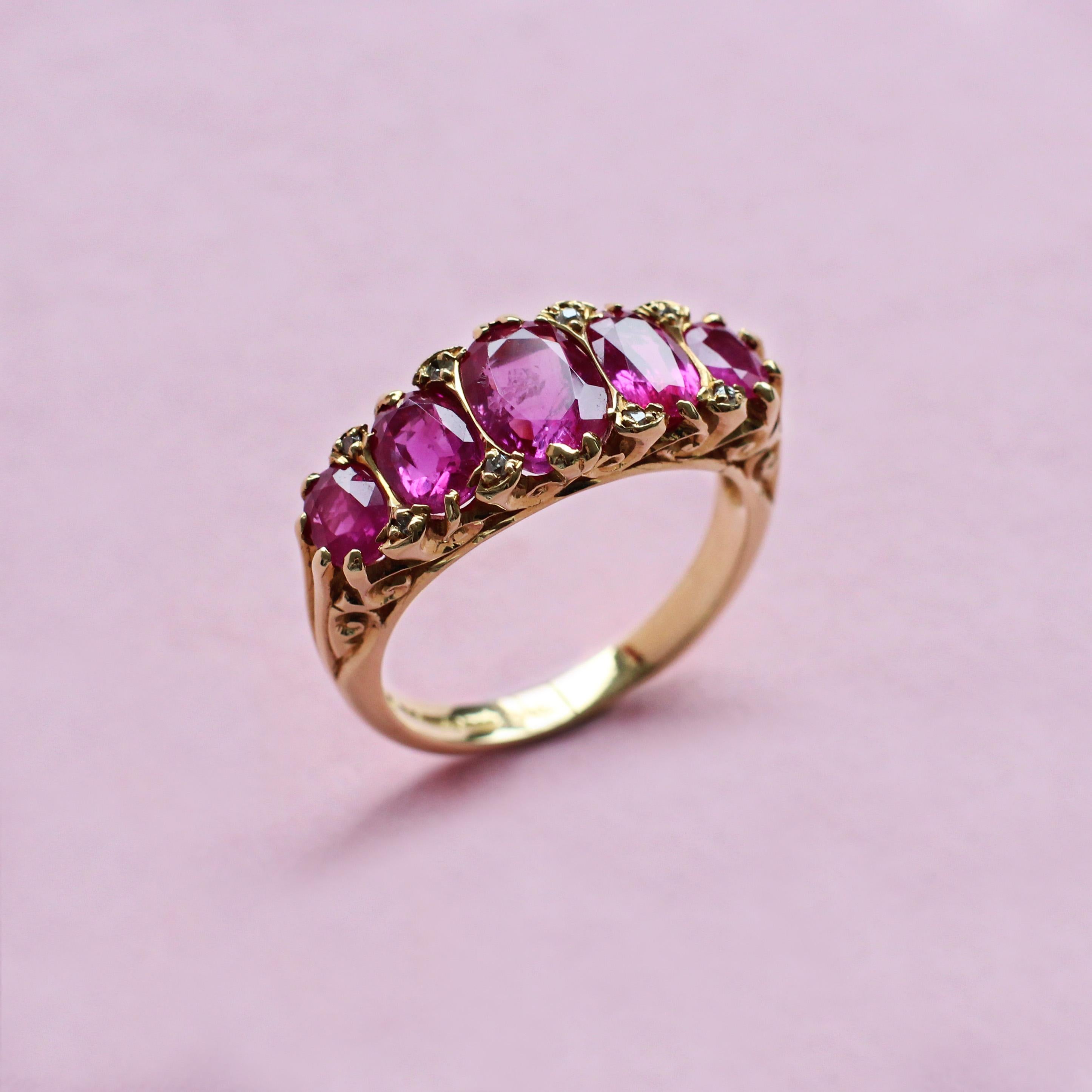 Women's or Men's Victorian Five-Stone Red Ruby Ring with White Diamonds