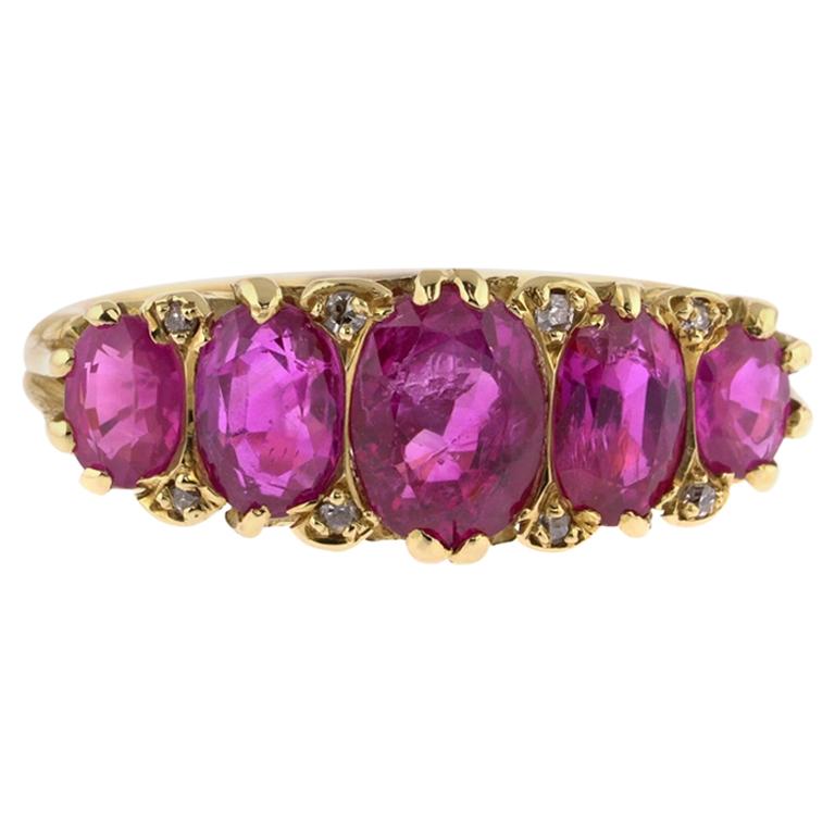 Victorian Five-Stone Red Ruby Ring with White Diamonds