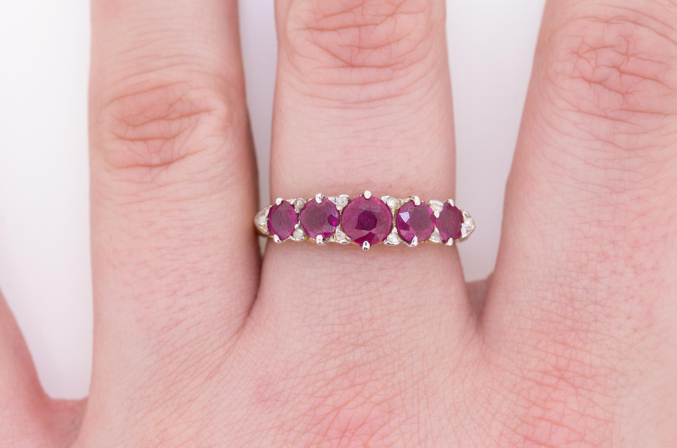Women's or Men's Victorian Five-Stone Ruby and Diamond Ring, circa 1900s