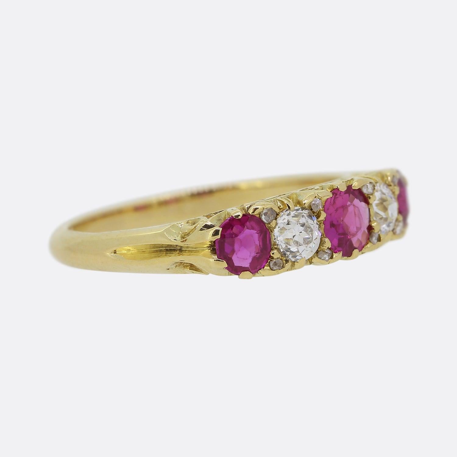 Round Cut Victorian Five Stone Ruby and Diamond Ring For Sale