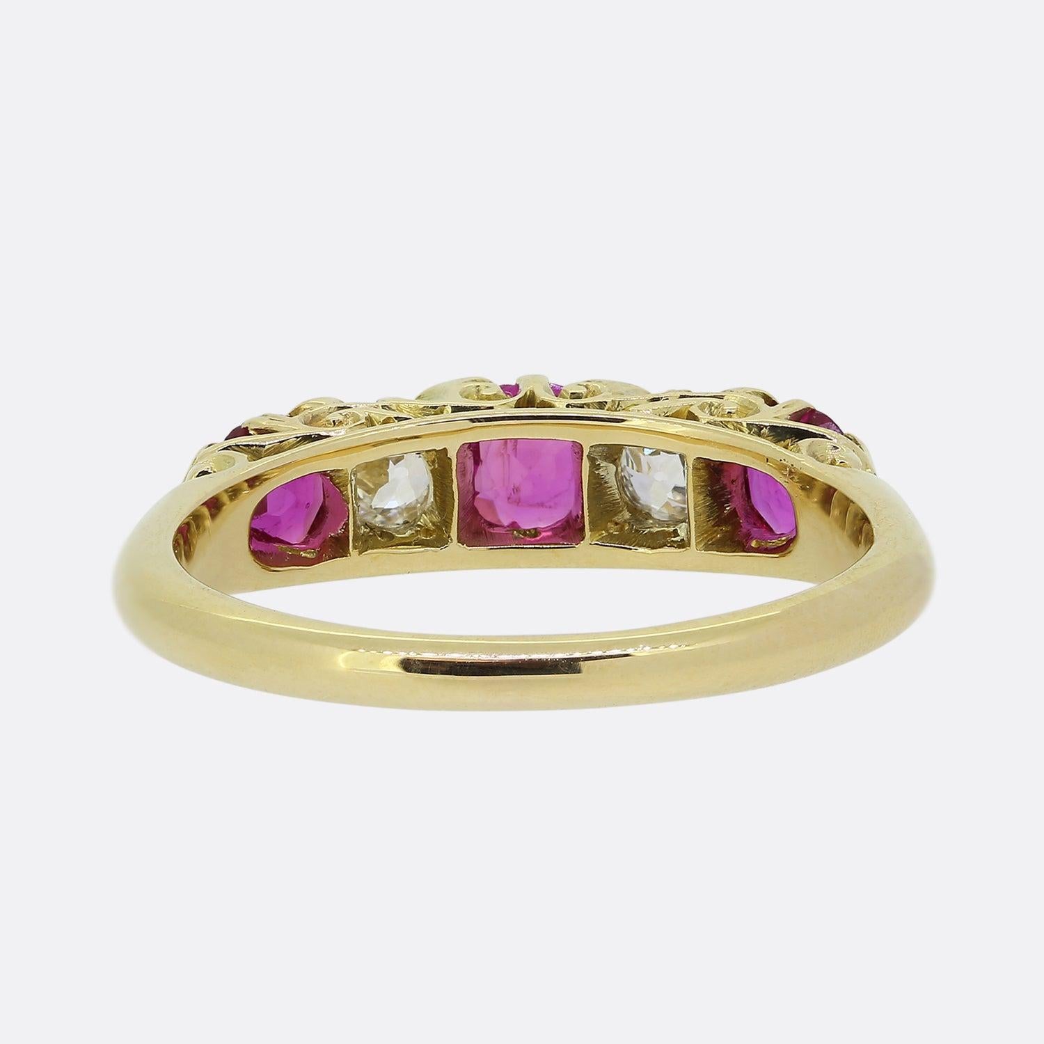 Victorian Five Stone Ruby and Diamond Ring In Good Condition For Sale In London, GB