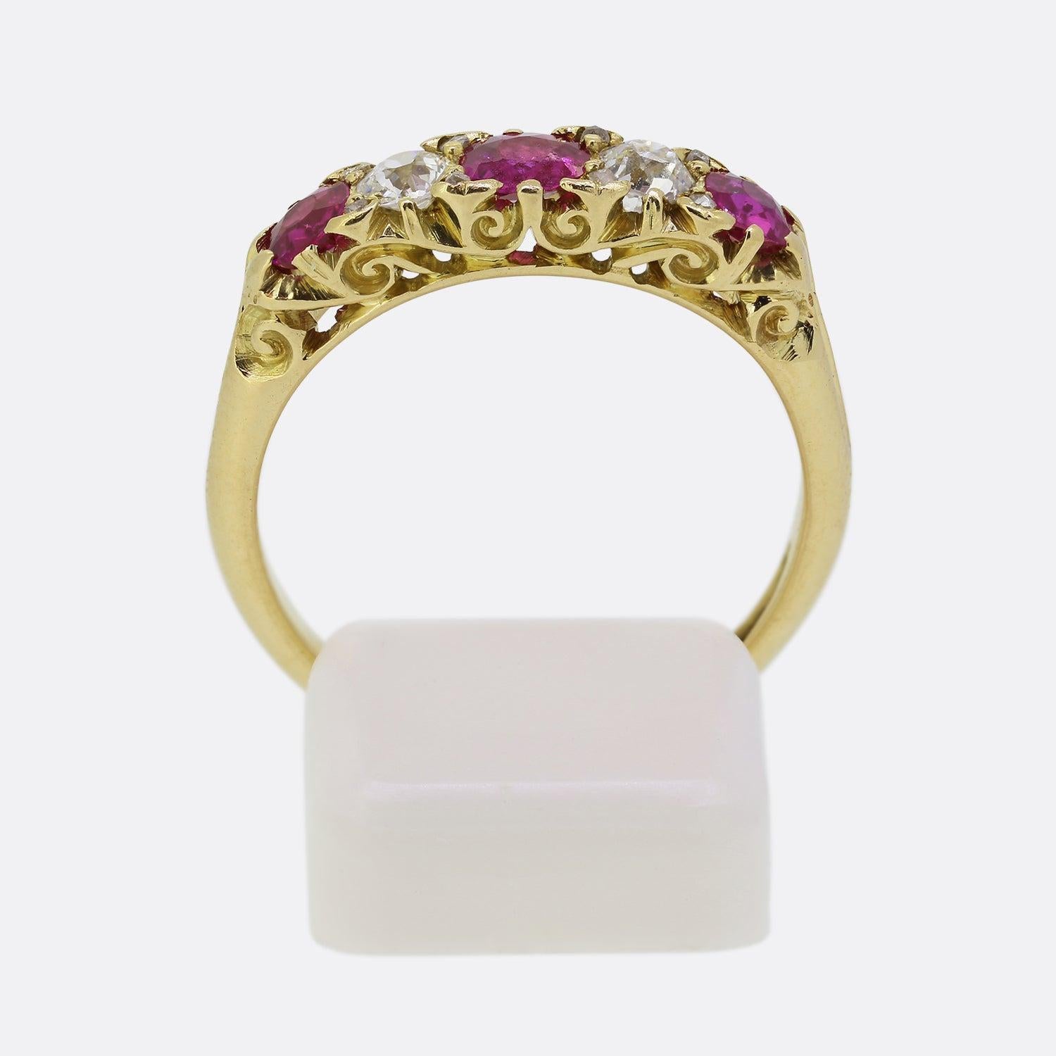 Women's Victorian Five Stone Ruby and Diamond Ring For Sale
