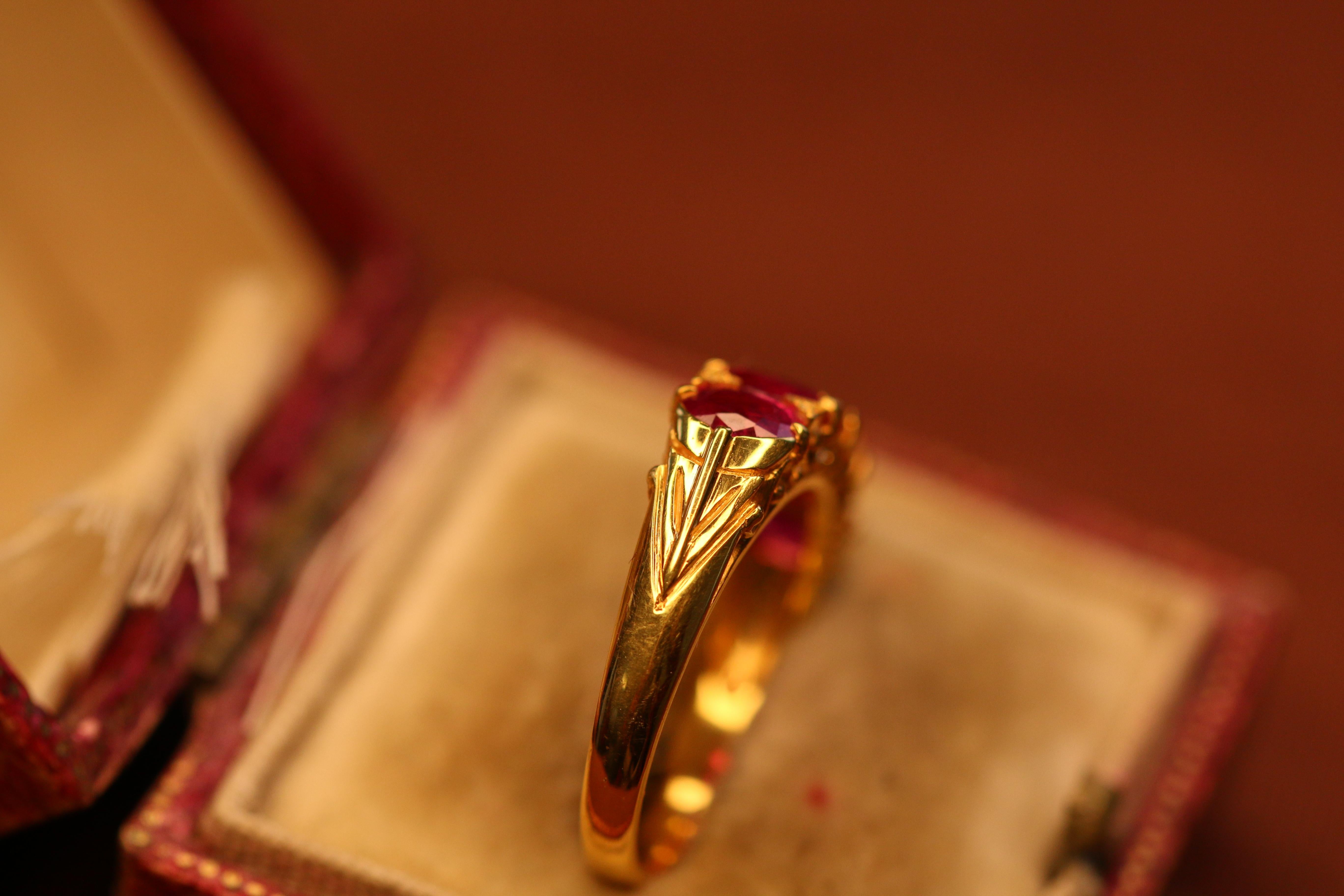Oval Cut Victorian Style Five Stone Ruby Diamond 18 Karat Gold Ring