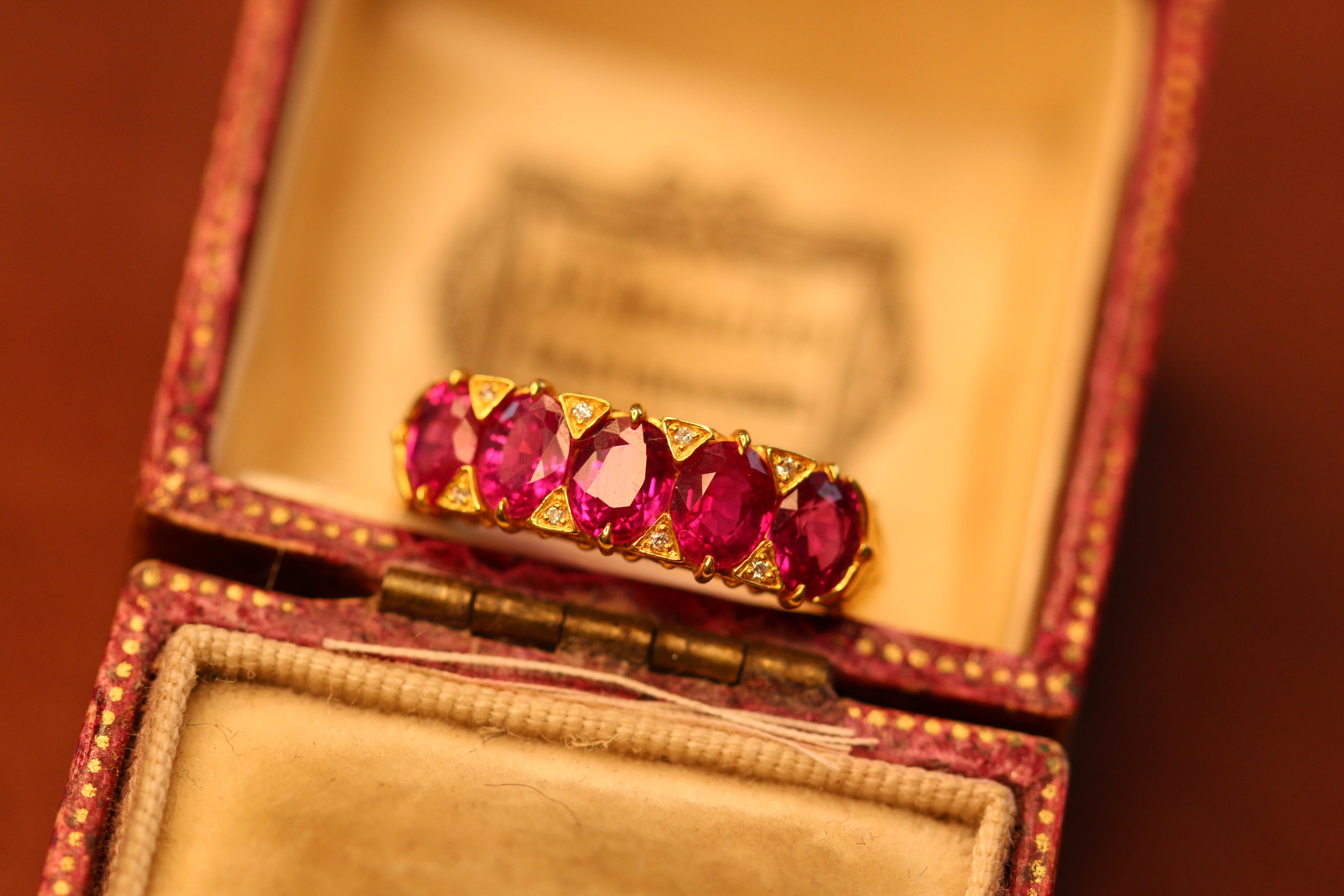Women's Victorian Style Five Stone Ruby Diamond 18 Karat Gold Ring