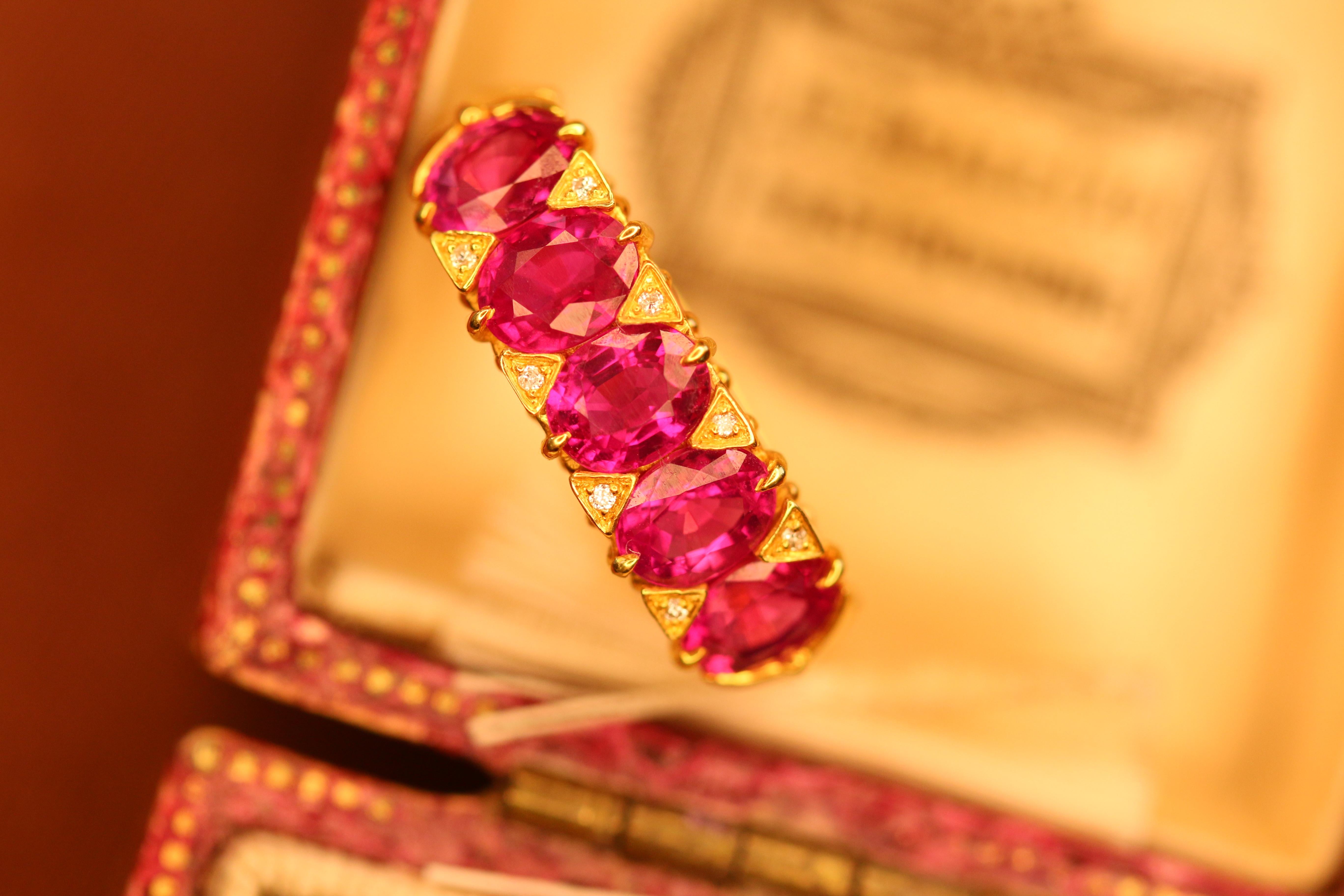 Victorian Style Five Stone Ruby Diamond 18 Karat Gold Ring 1