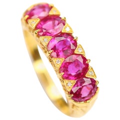 Victorian Style Five Stone Ruby Diamond 18 Karat Gold Ring