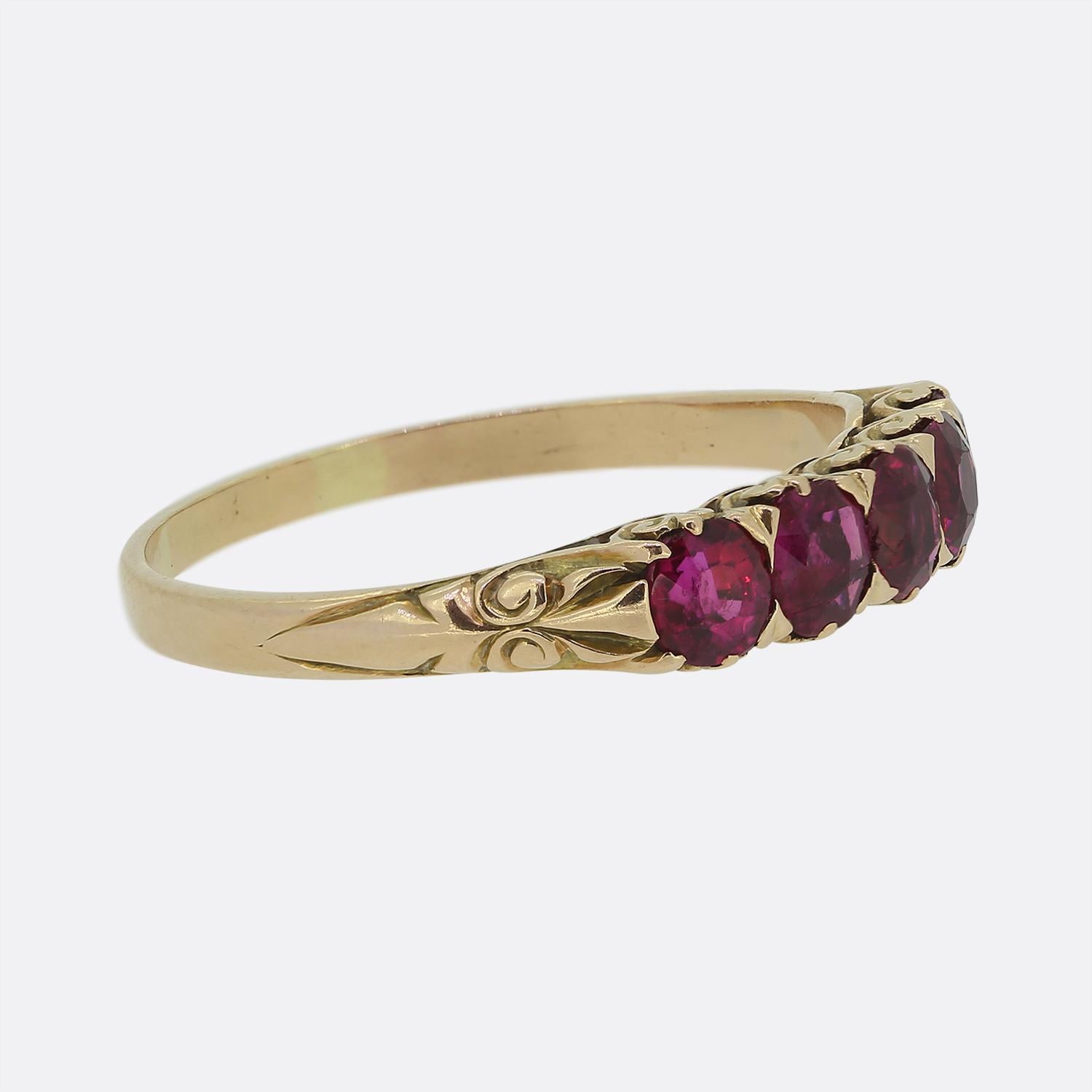 Round Cut Victorian Five-Stone Ruby Ring For Sale